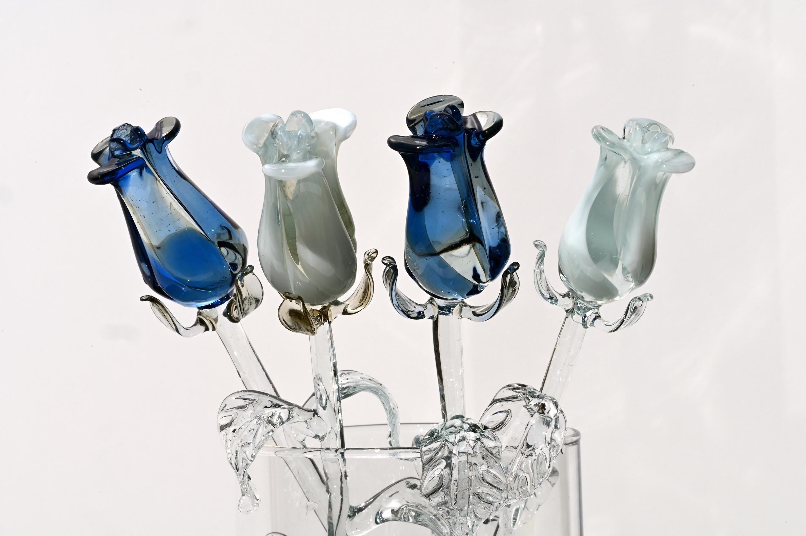Handmade Blue & White Glass Rose Bouquet: Flame Work Sculpture