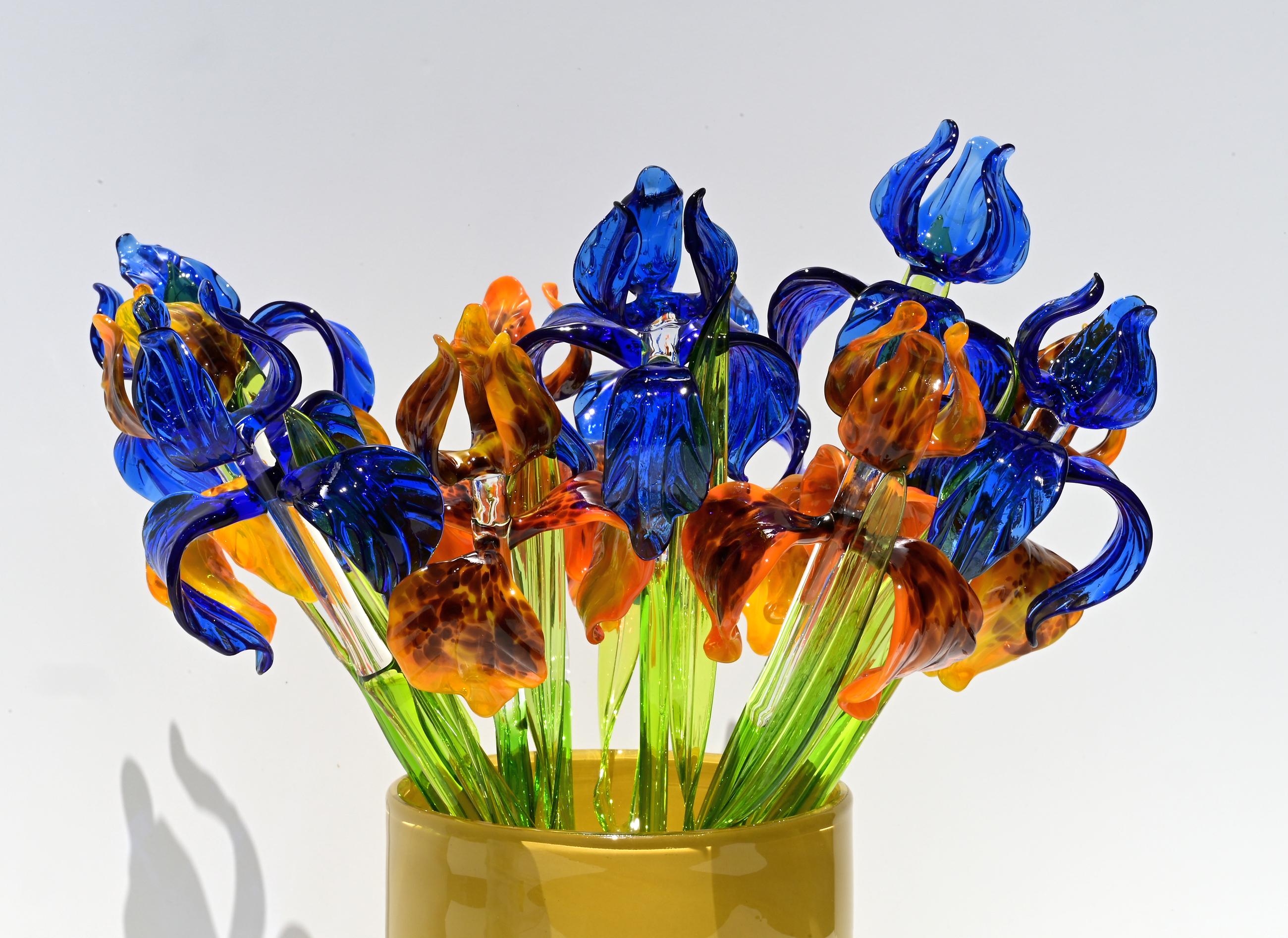 Hand Blown Glass Iris Bouquet: Blue & Orange Floral Sculpture