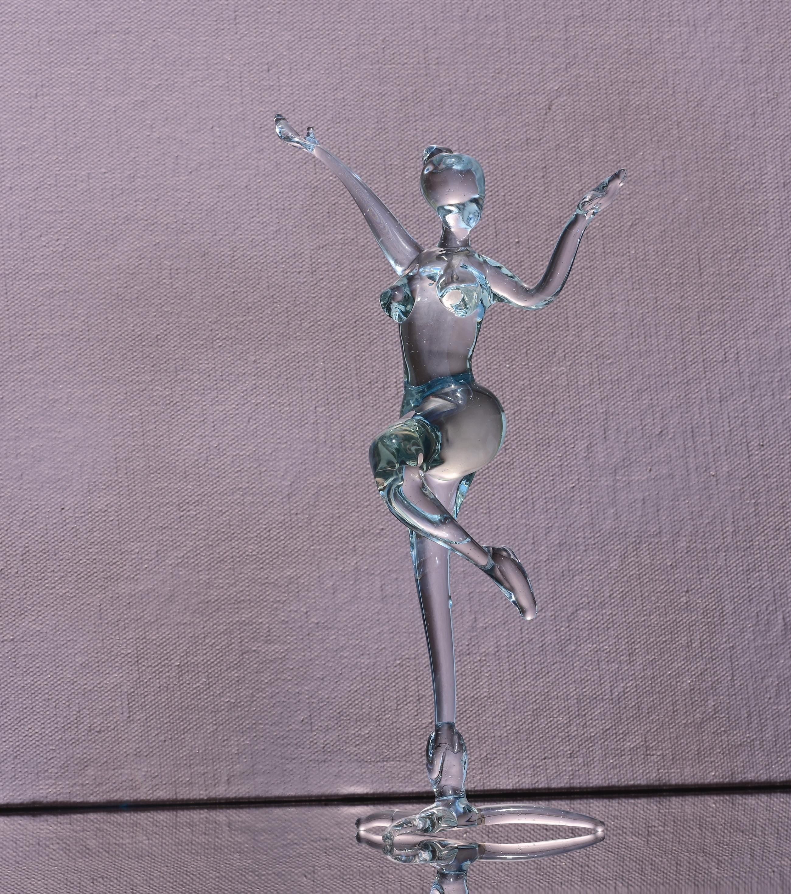 Hand-Blown Glass Ballet Dancer Statue: Red Ribbon Accent, 8-Inch
