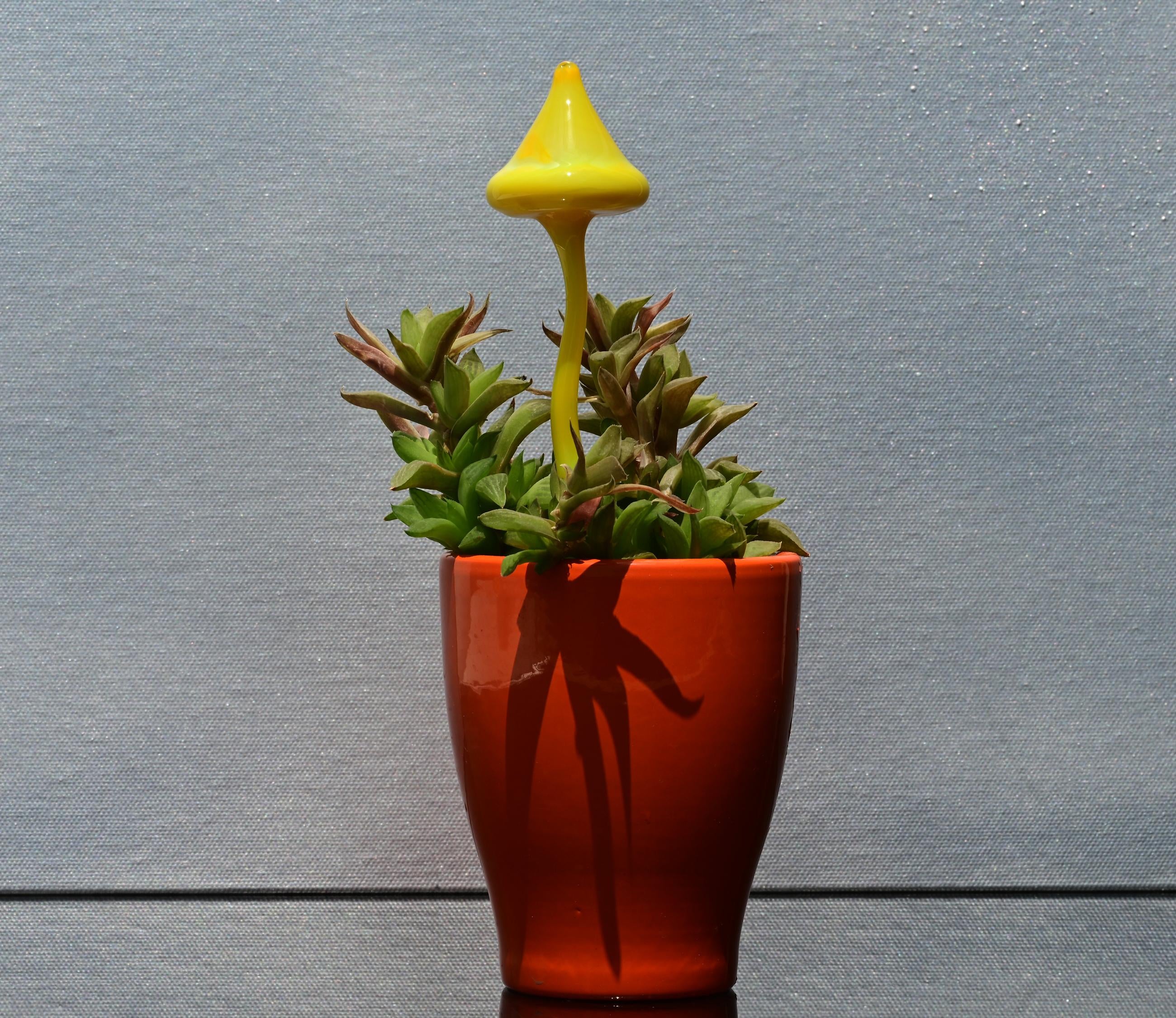 Hand-Blown Yellow Glass Mushroom Decor: Weatherproof Flower Pot Ornament