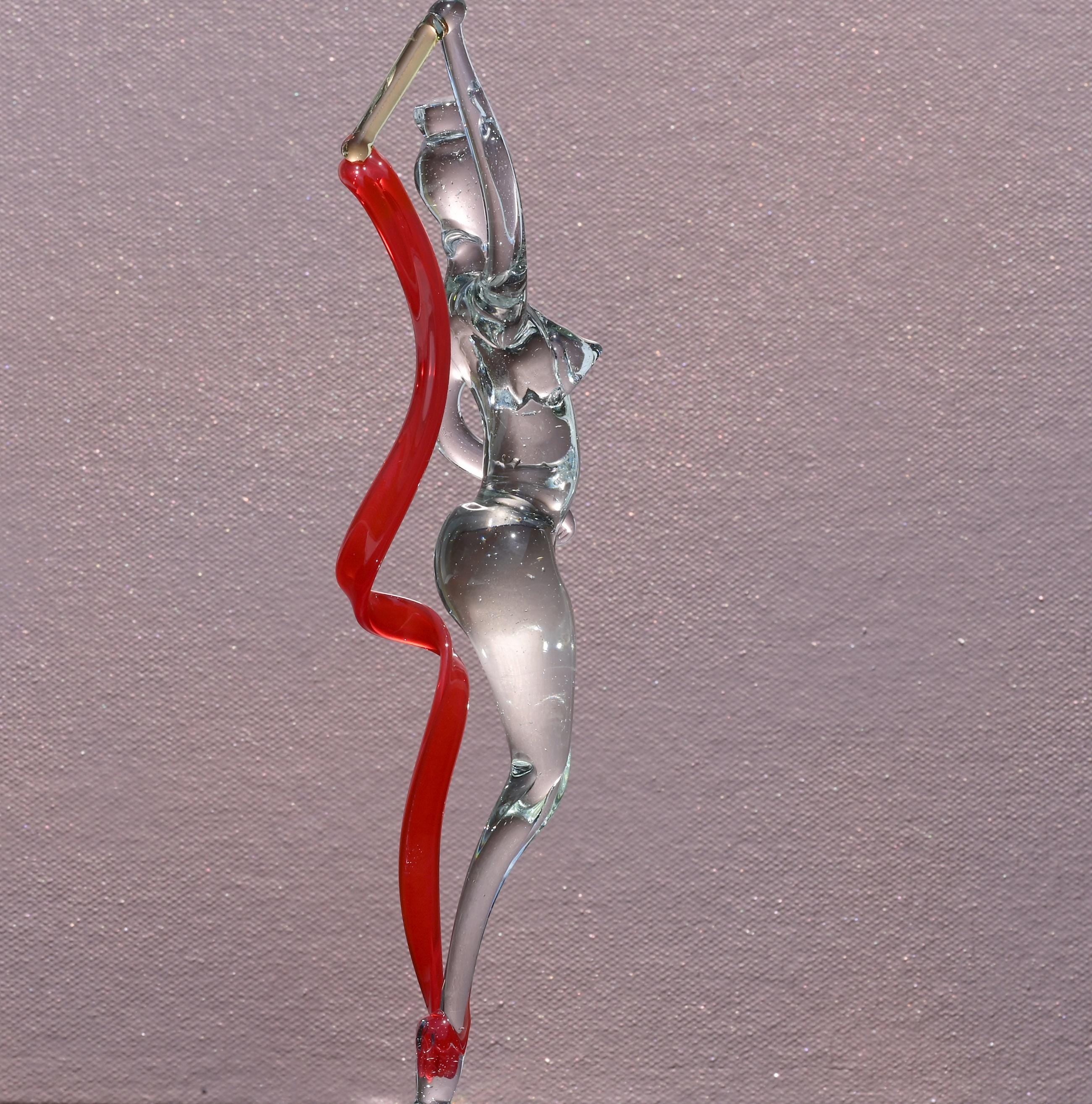 Hand-Blown Glass Gymnast Statue: Red Ribbon, Flame Work Art