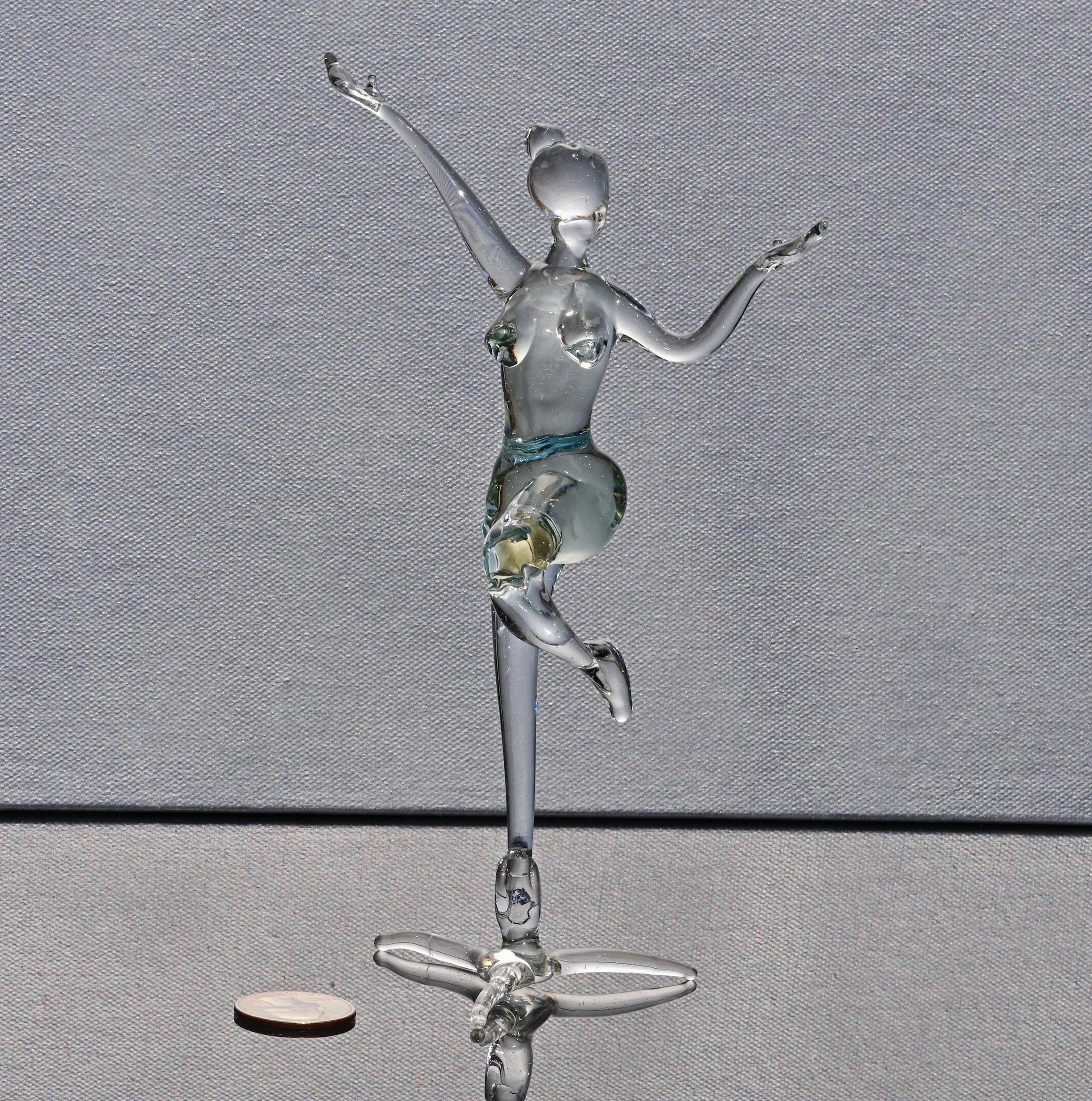 Hand-Blown Glass Ballet Dancer Statue: Red Ribbon Accent, 8-Inch