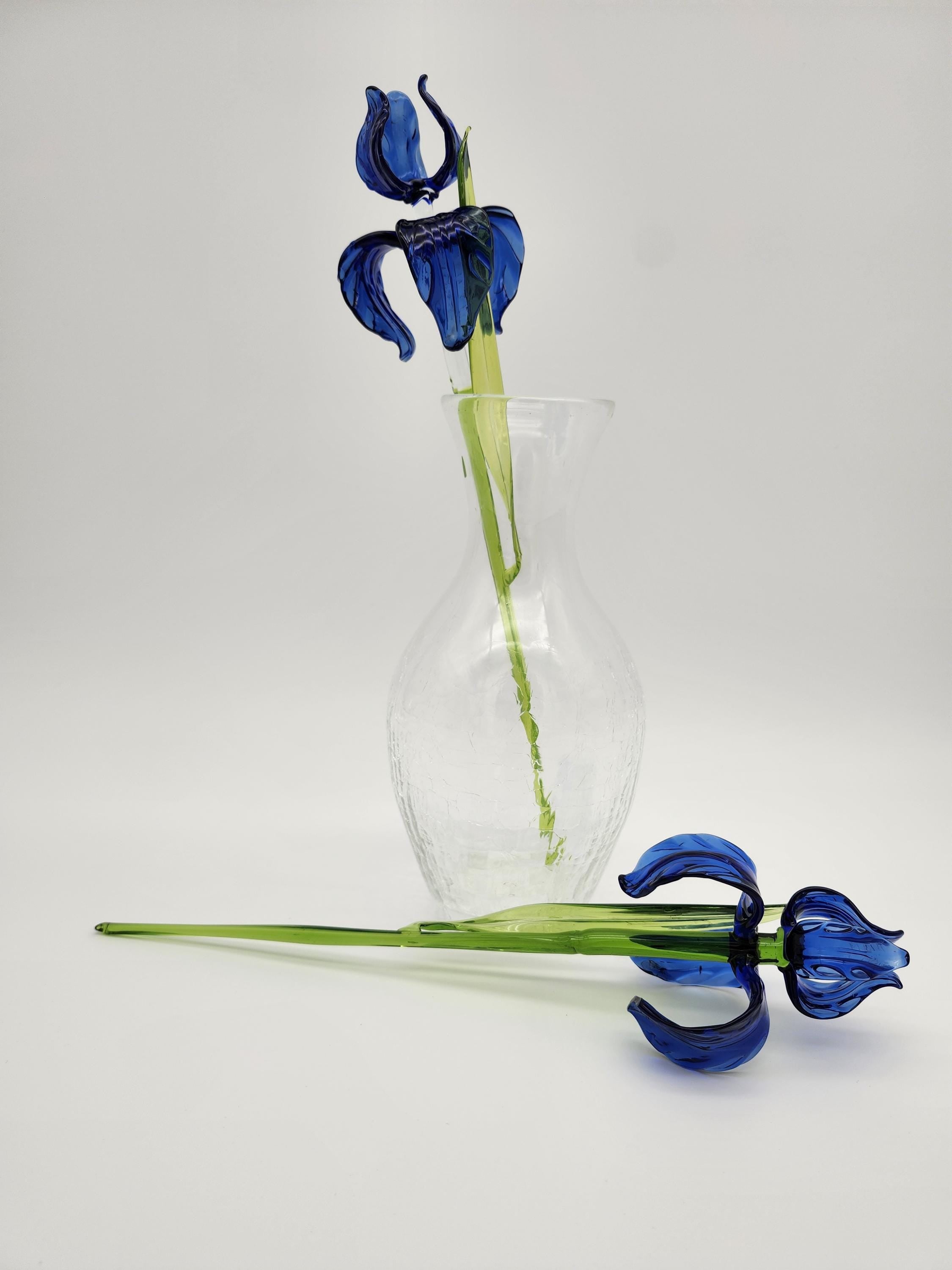 Handblown Blue Glass Iris Flowers with Crackle Vase: Artisan Floral Sculpture