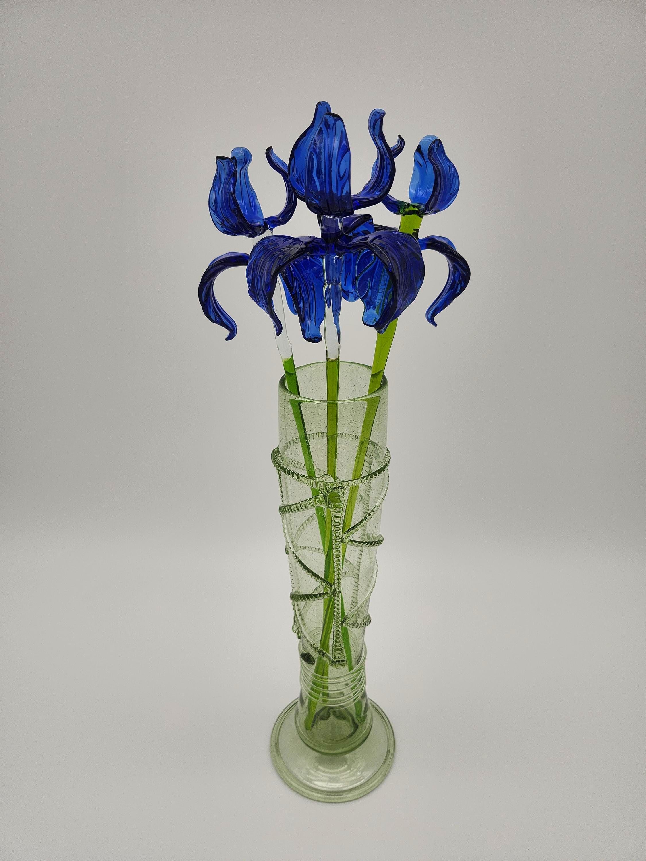 Handblown Blue Glass Iris Bouquet in Emerald Green Spiral Vase
