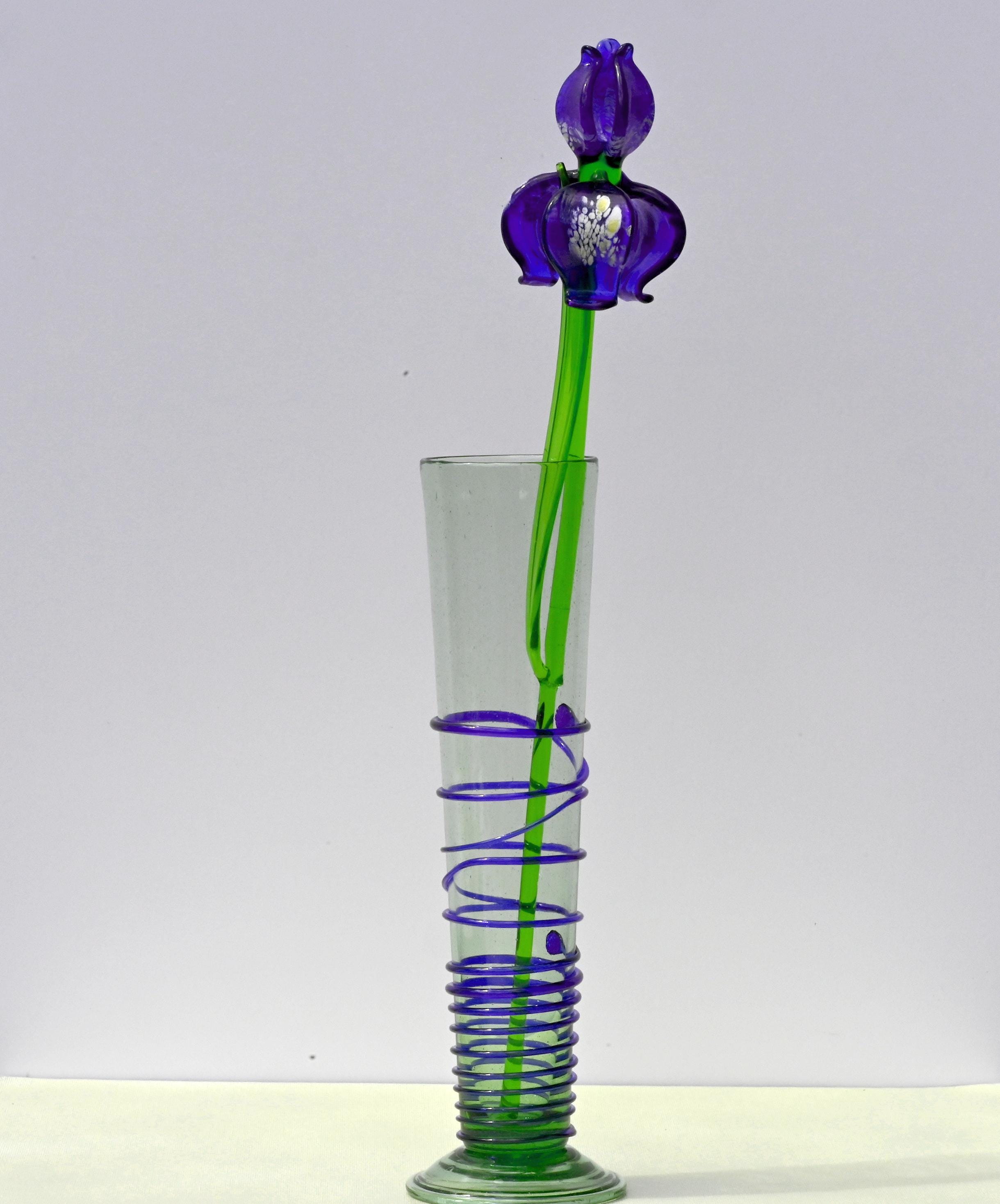 Cobalt blue 15.5" Iris in a hand-blown glass vase, complete decor accent.