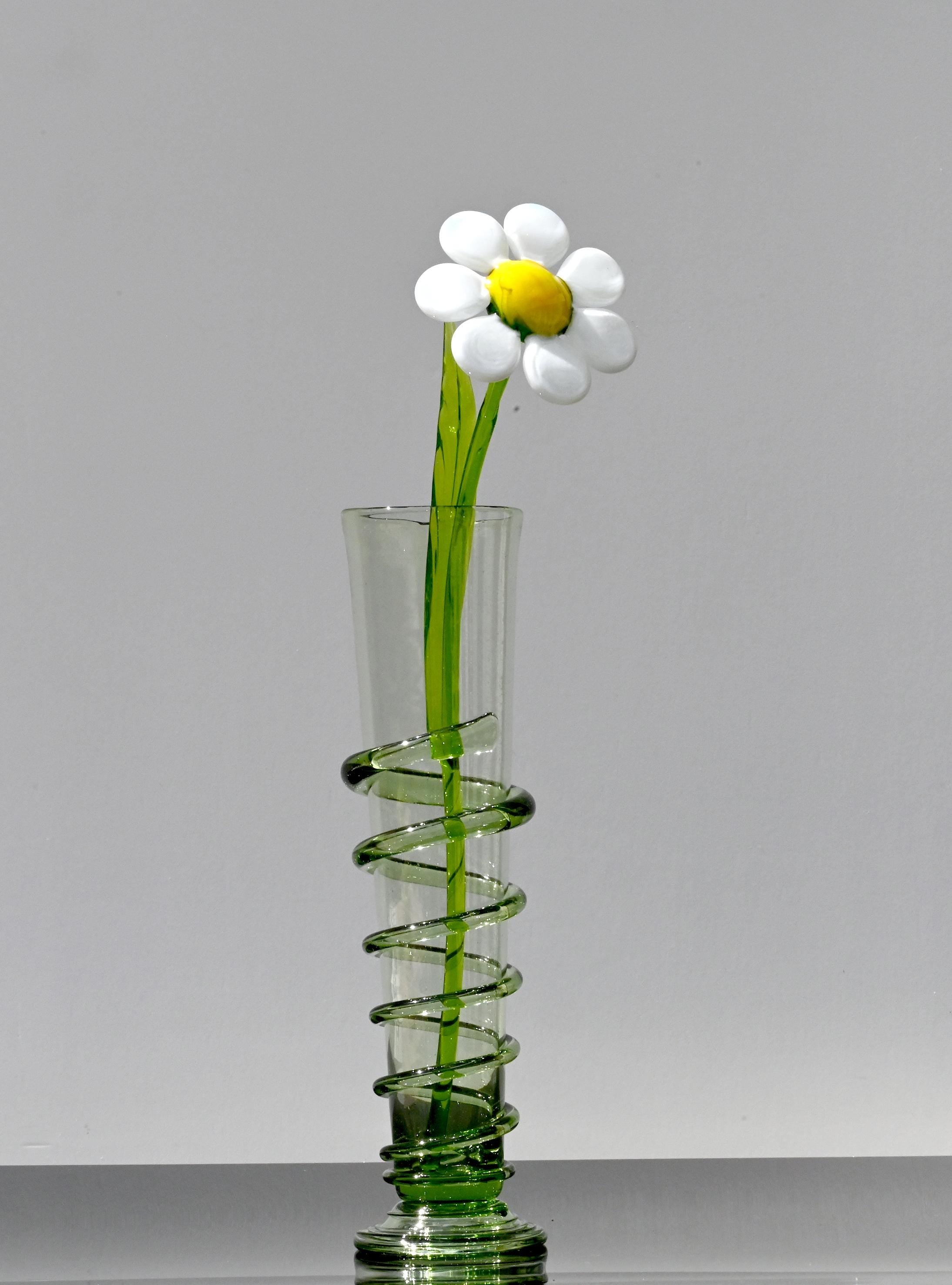 Hand-Blown Glass Daisy Vase: Light Green Art Glass Decor