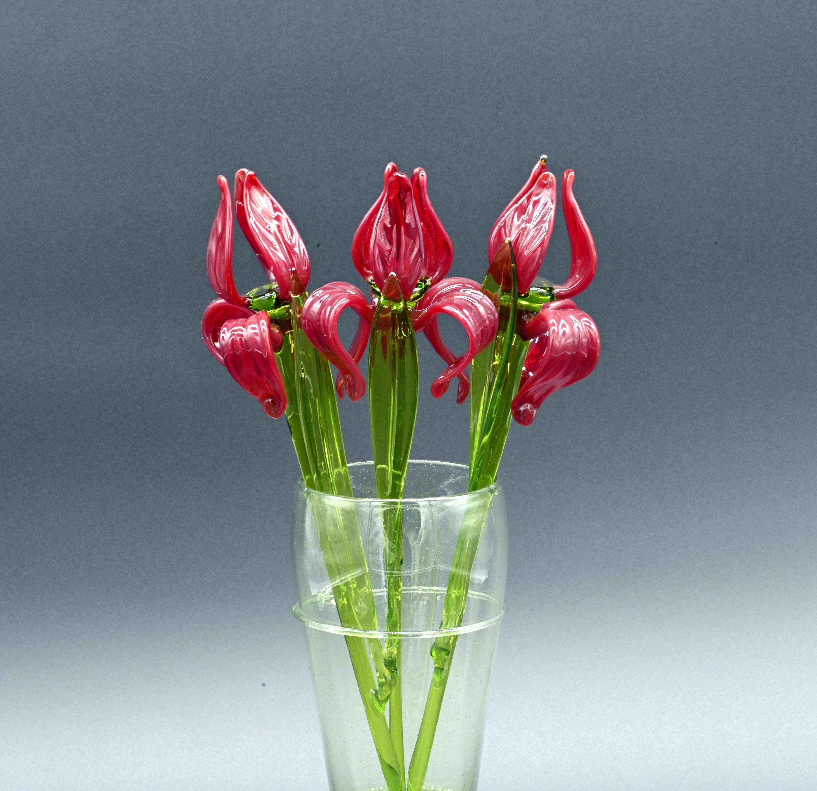 Bouquet of 3 Bright Red Glass Irises – Long Stem Hand Blown Flower – Elegant Gift.