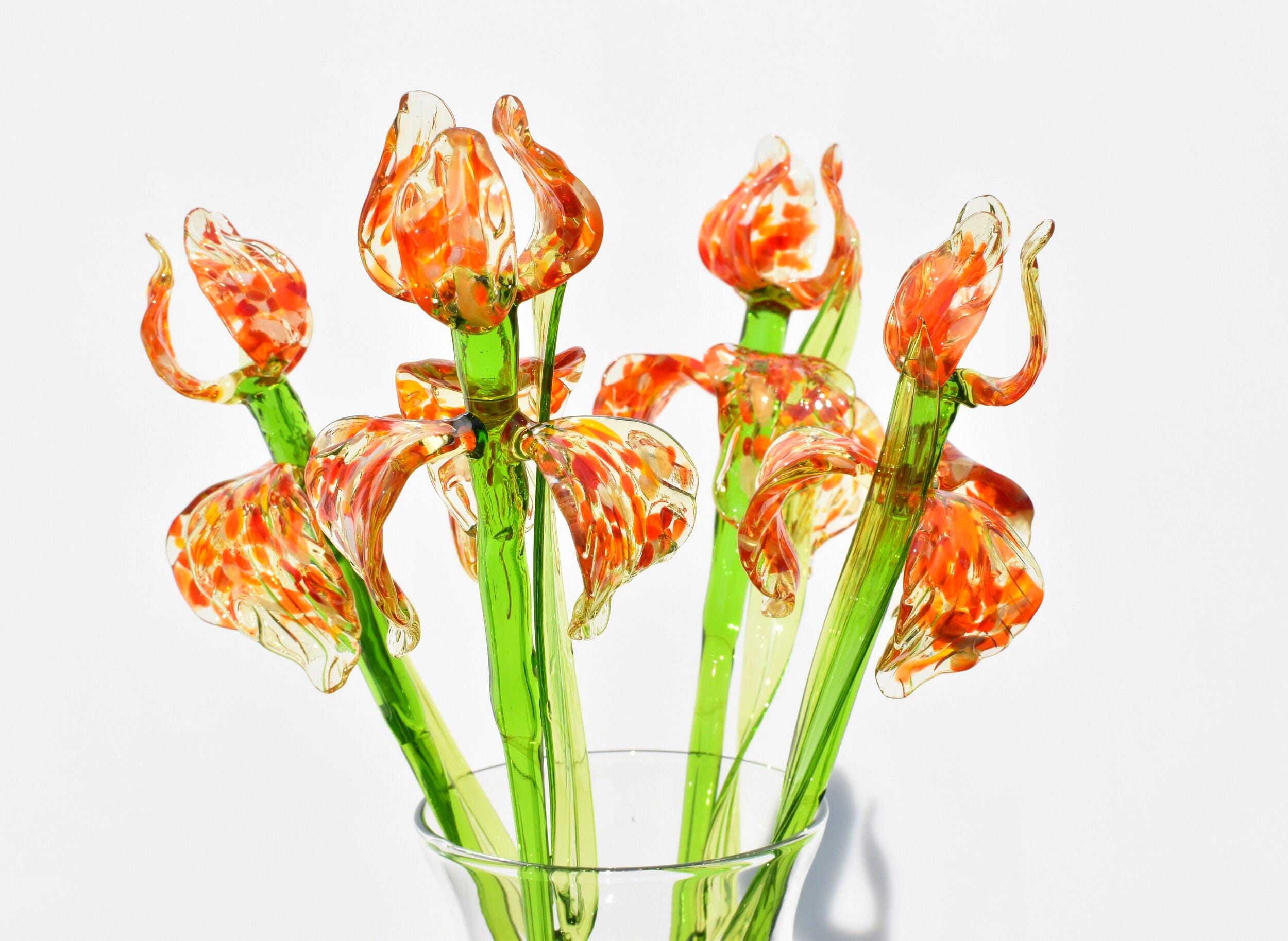 Hand Blown Glass Iris Flower: Orange Theme, Long Stem, Collectible Sculpture