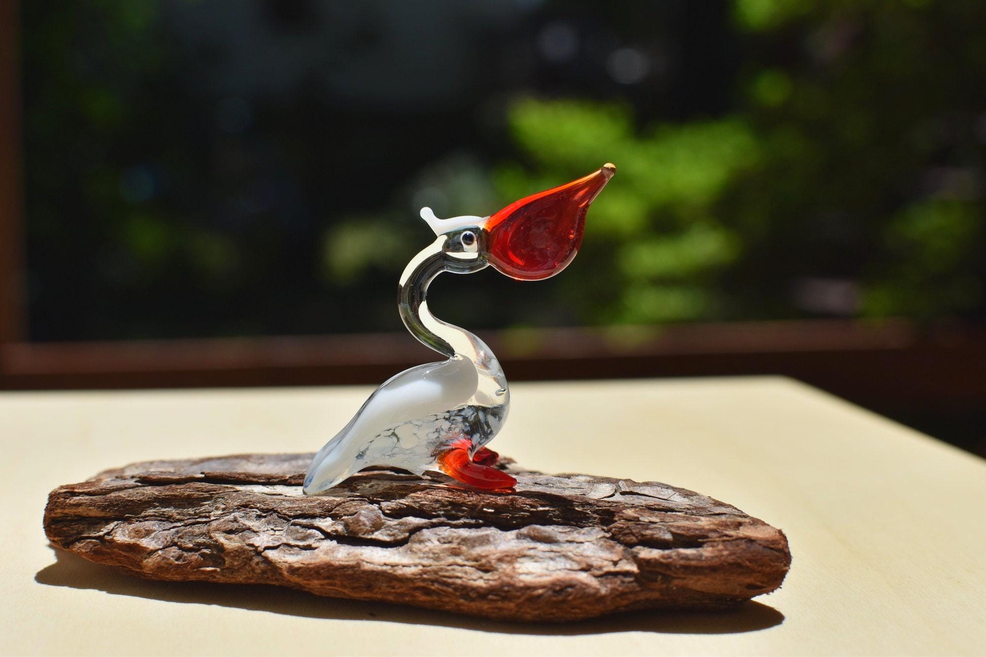 Handmade Glass Pelican Figurine: Whimsical Art Glass Sculpture