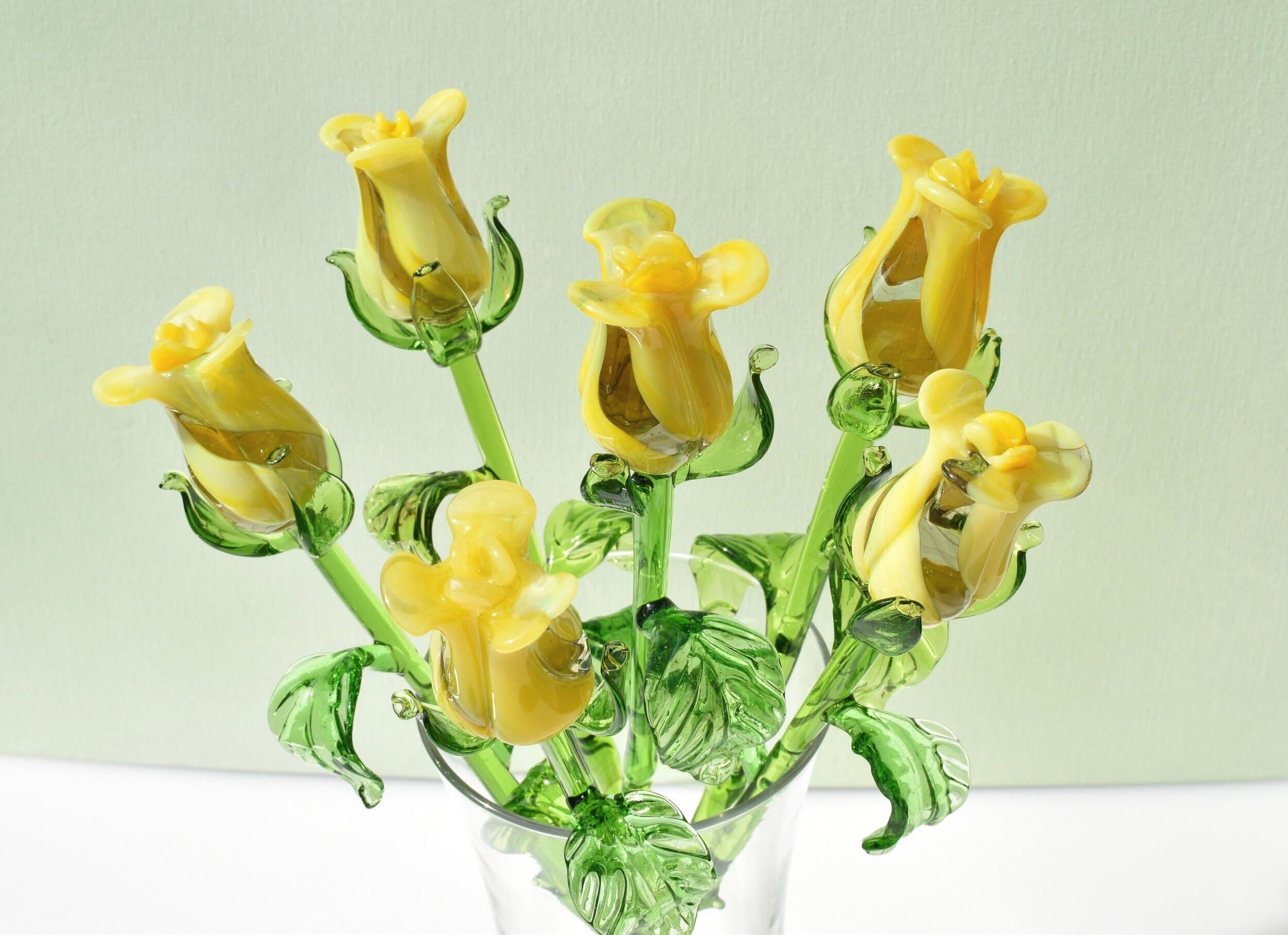Glass Rose - Hand Blown Glass Flower - Yellow Glass Flowers - Blown Glass Rose - Glass Flower Bouquet - Mothers day Gift for Her