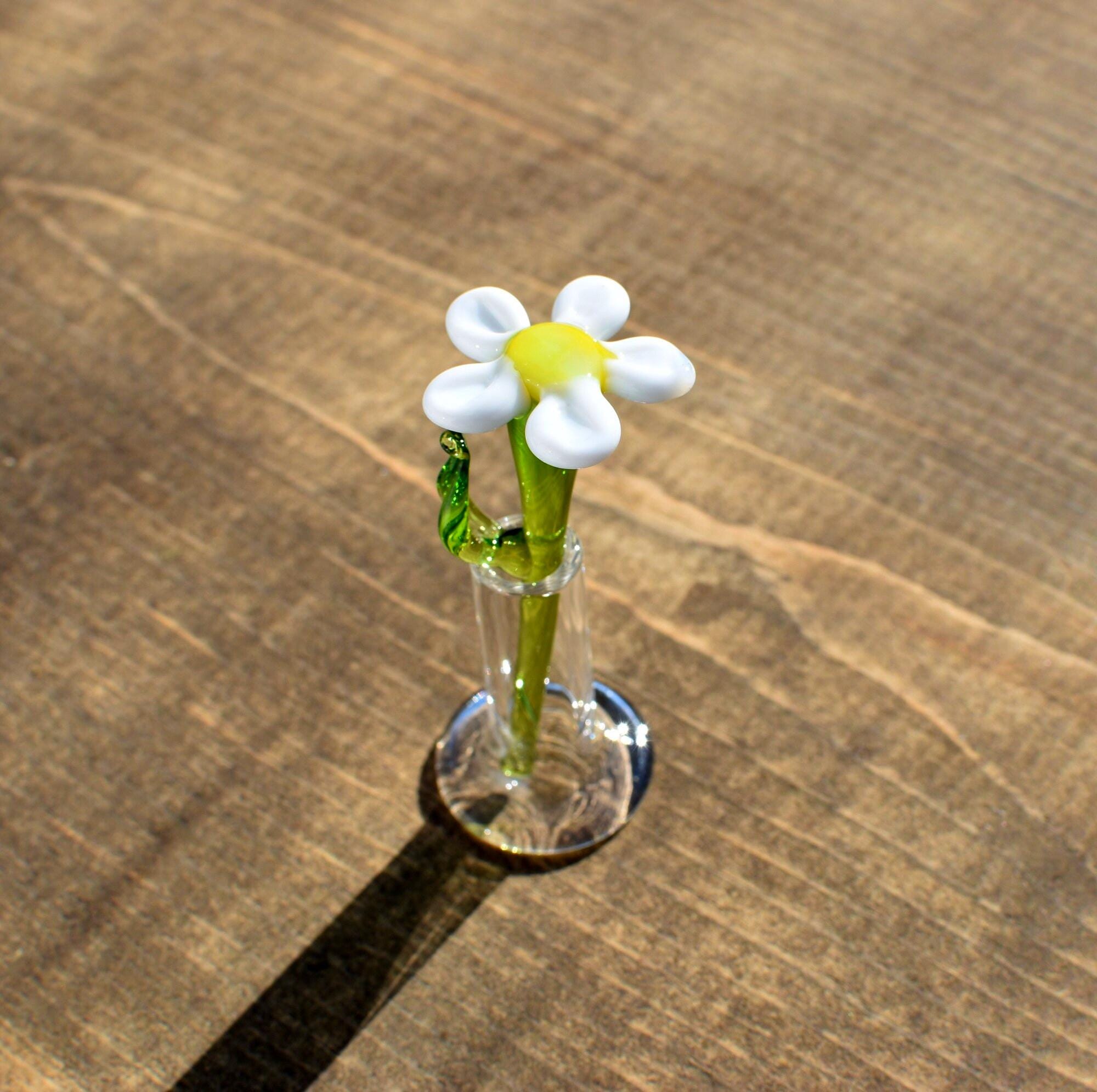 Mini Hand Blown Glass Daisy in Vase, Tiny Glass Flower Figurine, Handmade Collectible Gift