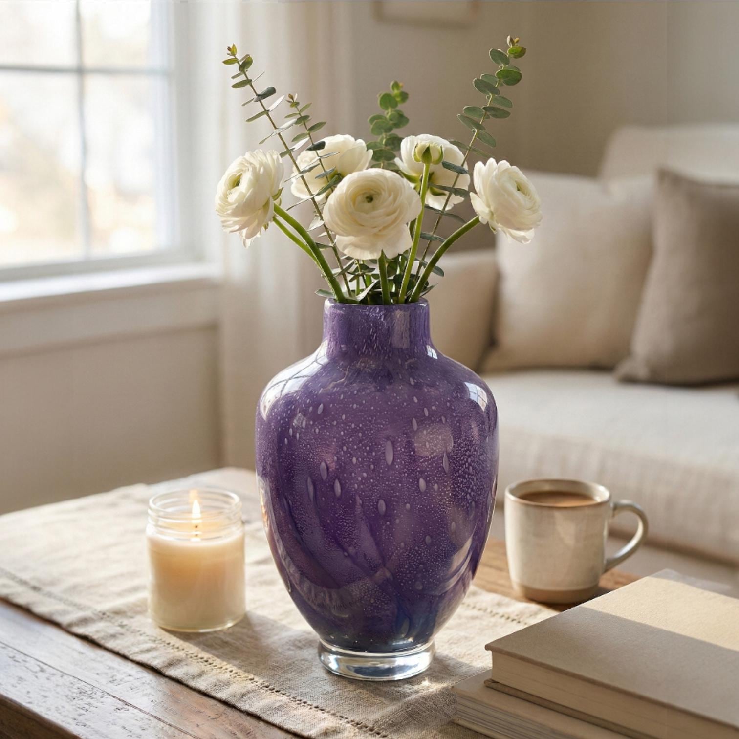 Purple Glass Vase - Purple Vases for Flowers - Hand Blown Glass Vase - Large Vase - Handmade Vase for Flowers - Home Decor Gift for Her