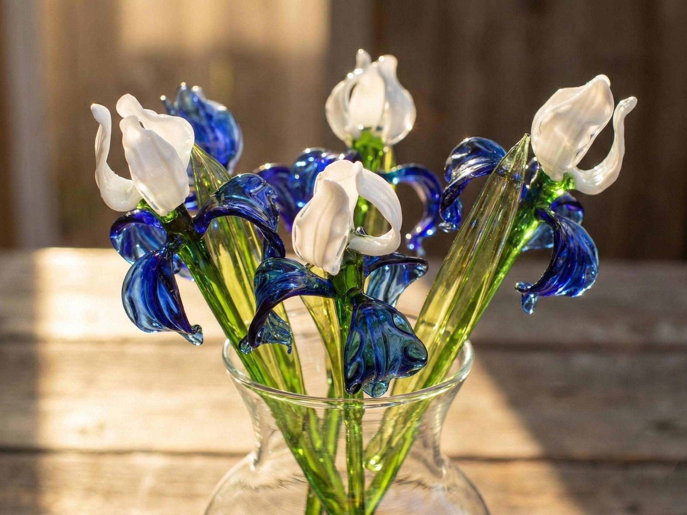 Blue and White Glass Iris – Handblown Long Stem Flower, Elegant Gift for Mother’s Day, Birthday, or Timeless Home Décor
