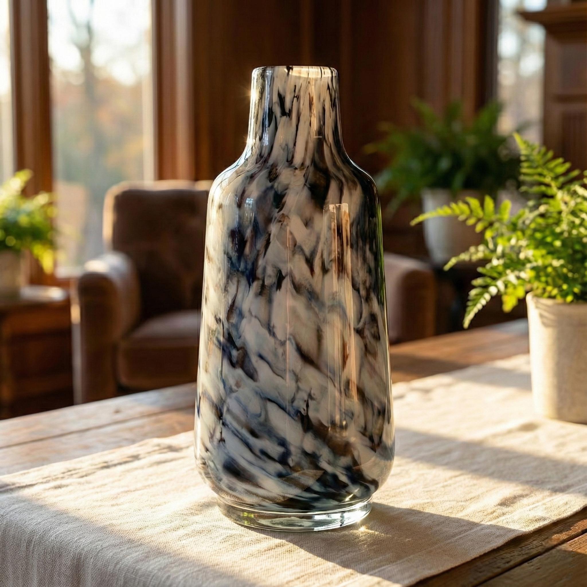 Black and White Vase - Heavy Glass Vase For Flowers - Hand Blown Glass Vase - Tall Vase - Modern Bottle Vase Home Decor Gift for Her