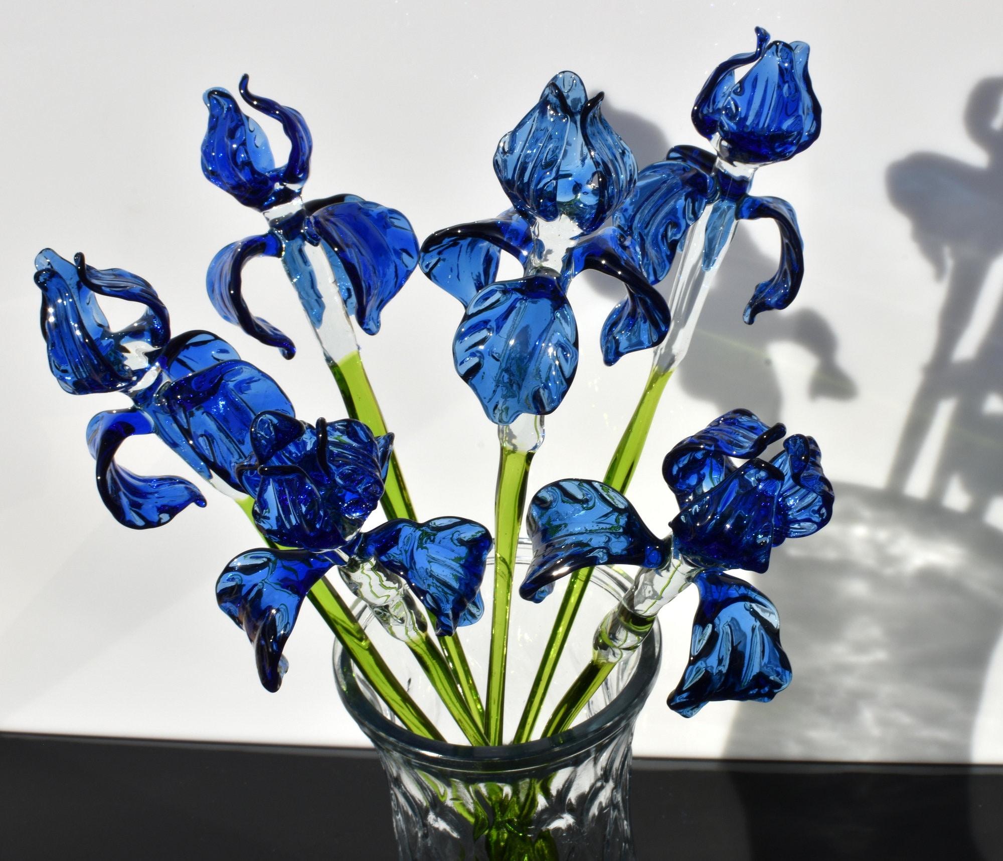 Handblown 15” Glass Iris Flower – Blown Glass Blue Iris Stem, Realistic Floral Art, Handmade Glass Home Decor & Unique Gift Idea