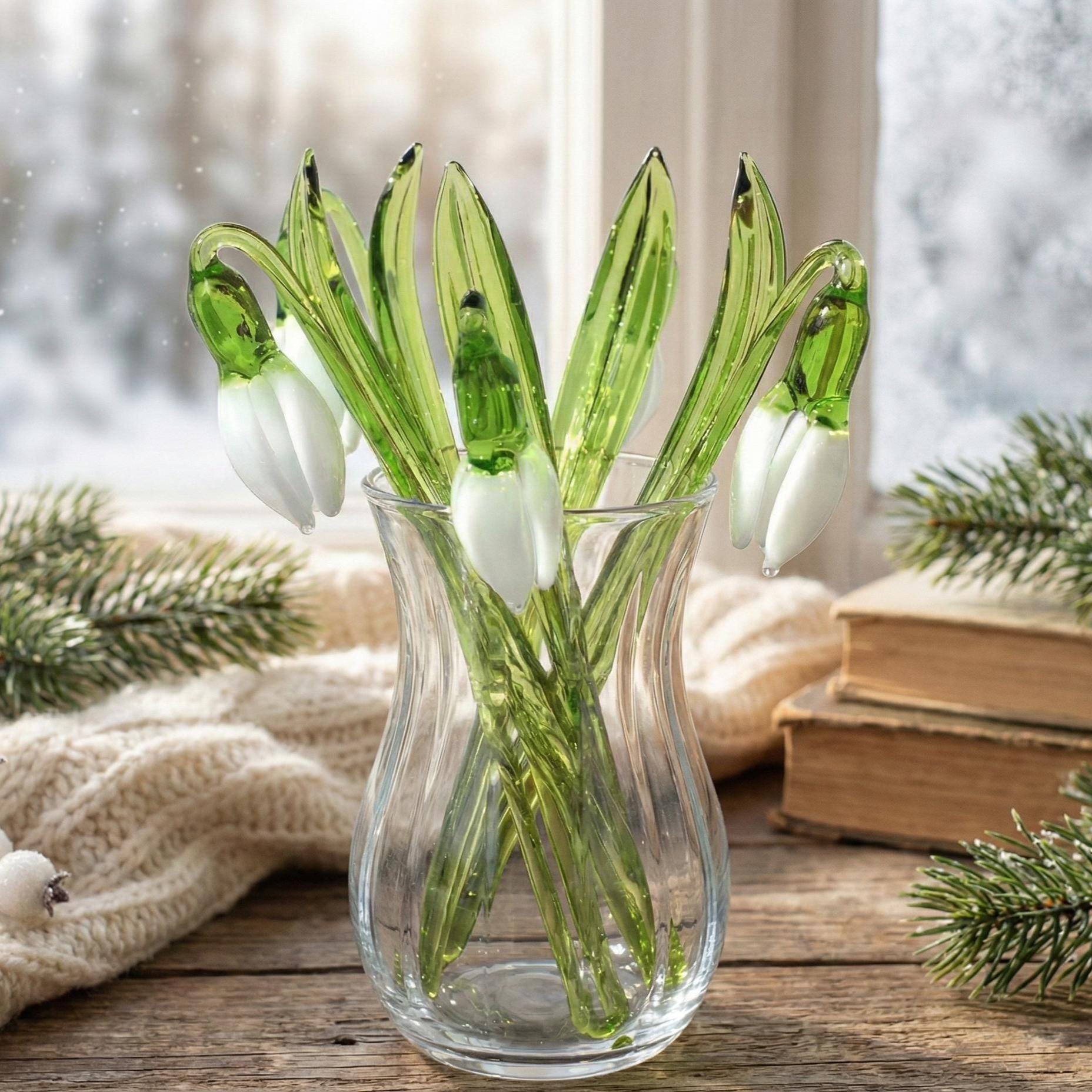 White Glass Snowdrop Flower – Handblown Art Glass Stem, Forever Bloom Gift for Mom, Wife, Birthday, Anniversary, Elegant Home Décor