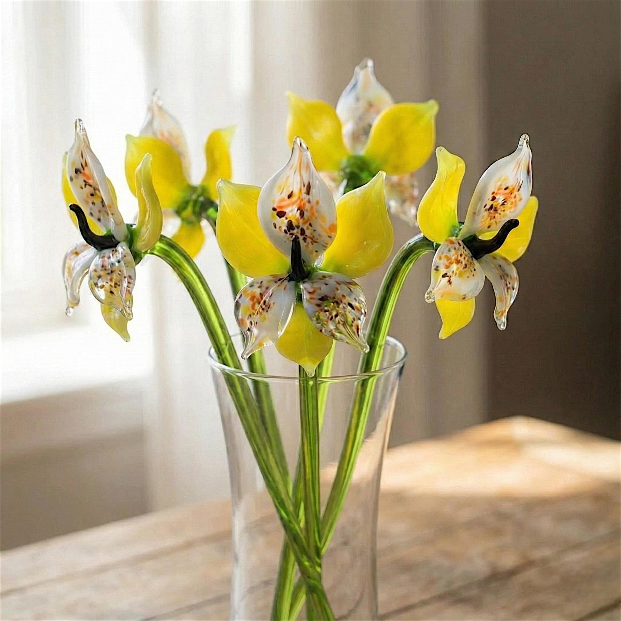 Handmade Yellow Glass Orchid Flower: Flame Worked Sculpture, 14 Inch