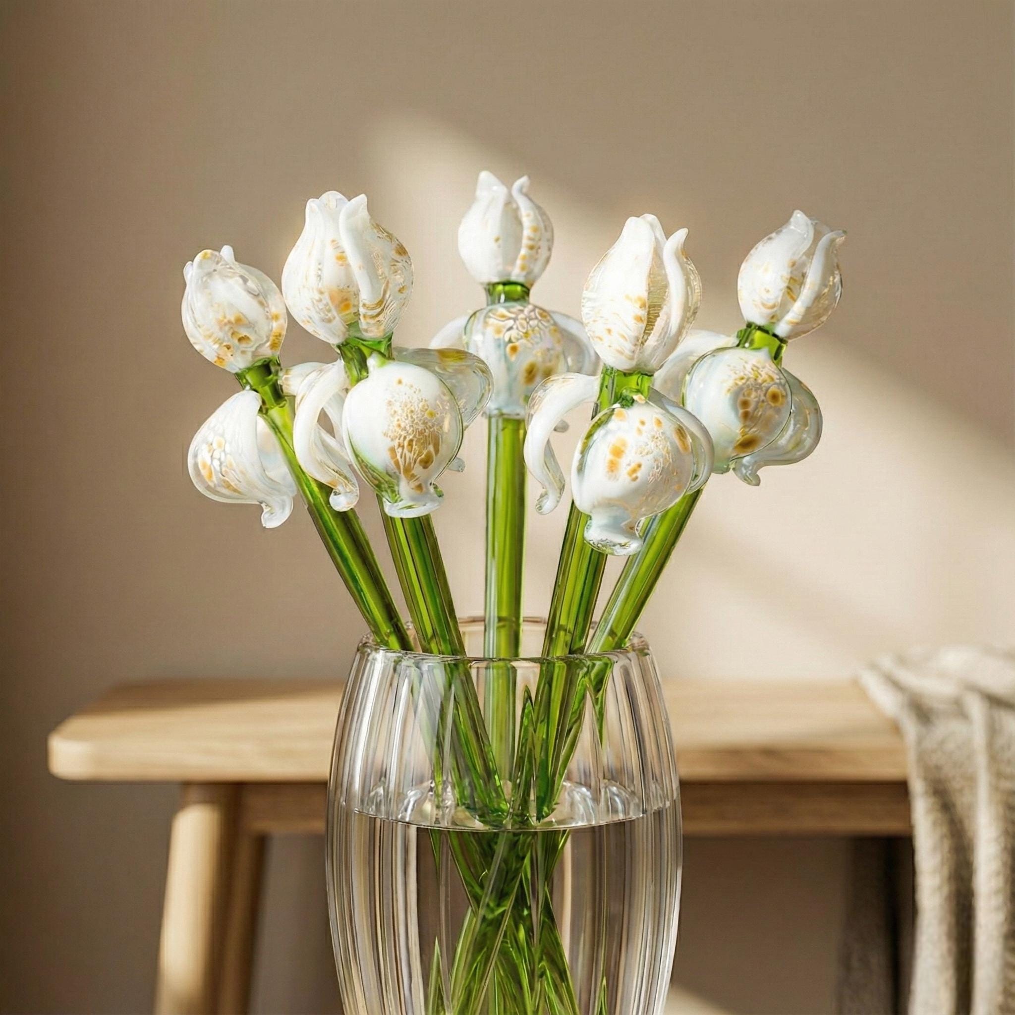 Glass iris - White Glass Flower Bouquet - Blown Glass Flowers - Glass Flowers - Christmas Gift for Her Decor