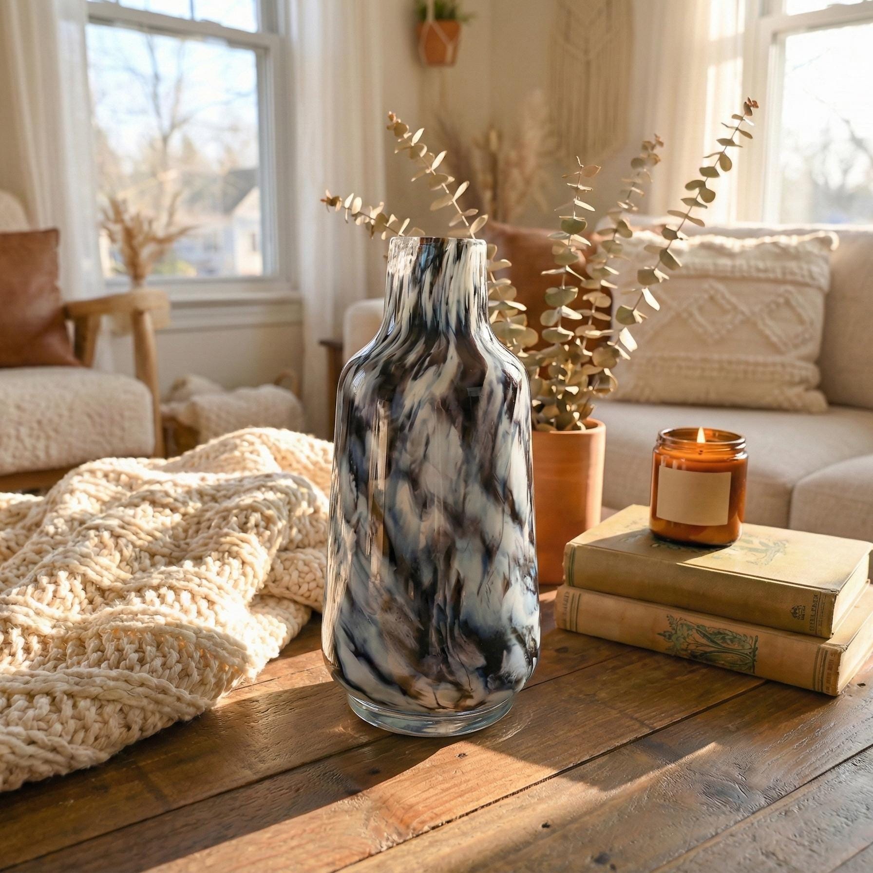 Black and White Vase - Heavy Glass Vase For Flowers - Hand Blown Glass Vase - Tall Vase - Modern Bottle Vase Home Decor Gift for Her