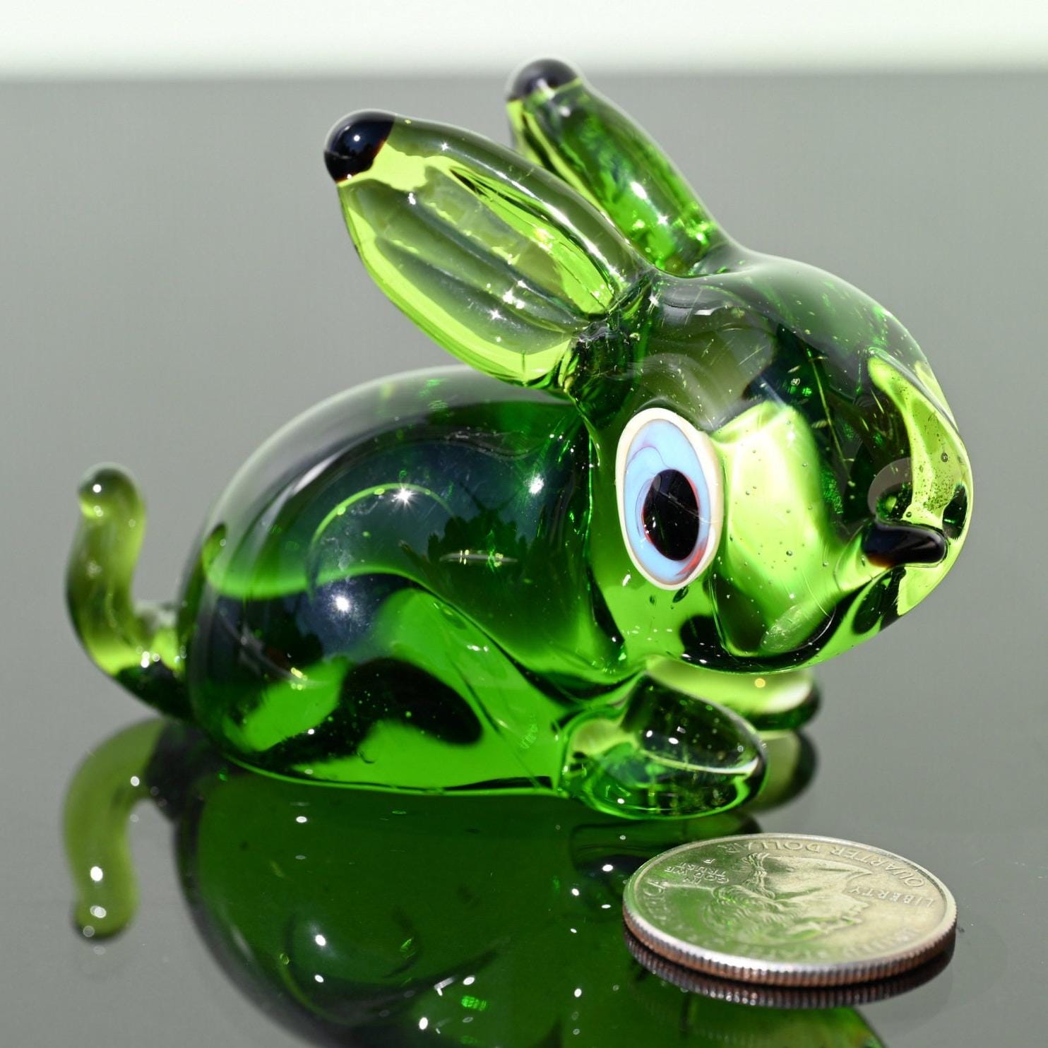 Green Hand Blown Glass Bunny Figurine - Glass Animals - Easter Bunny Decor - Spring Decorations - Easter Gift