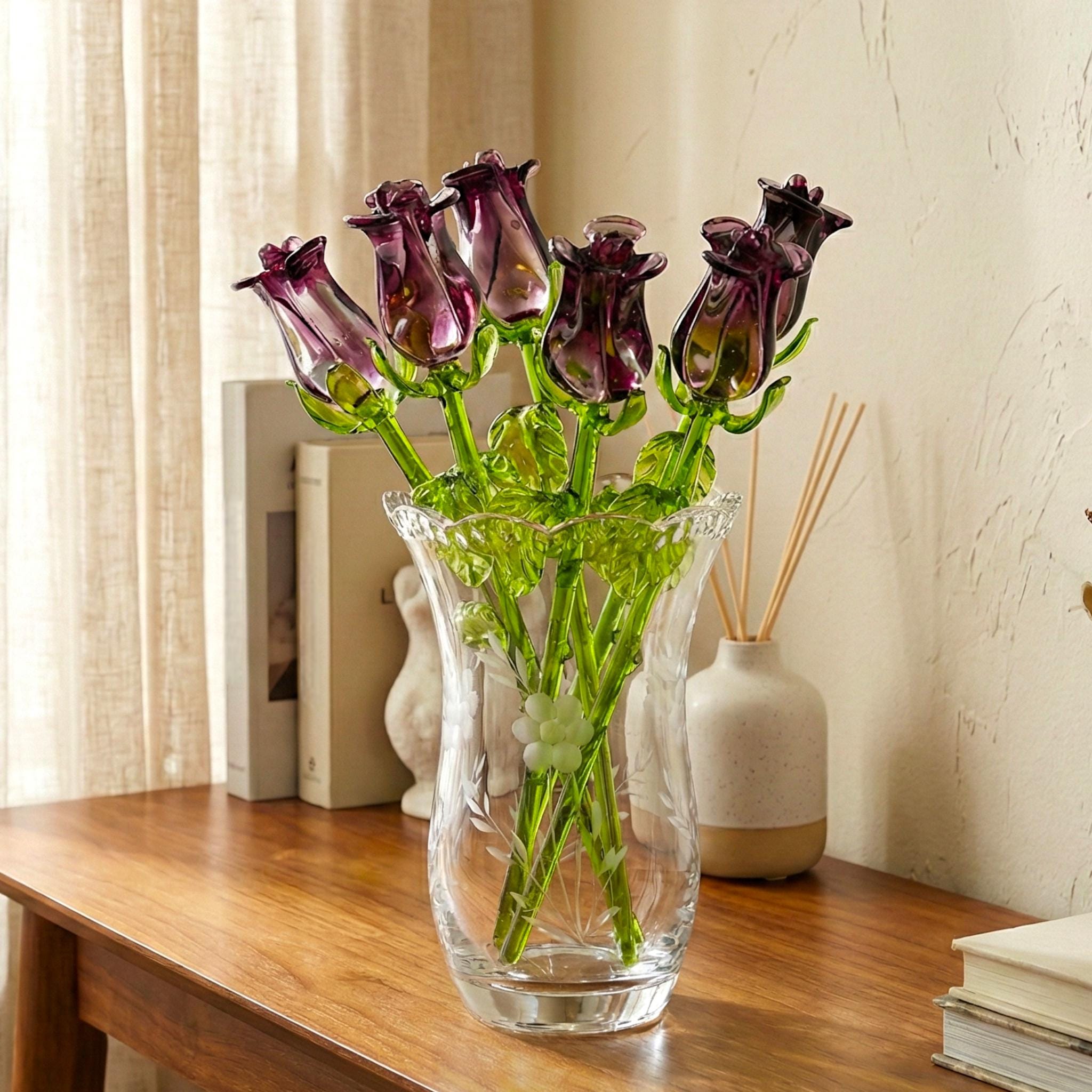 Purple Glass Flowers, Glass Rose - Blown Glass Rose - Glass Flowers Bouquet - Hand Blown Glass Flower - Mothers Day Gifts for Her
