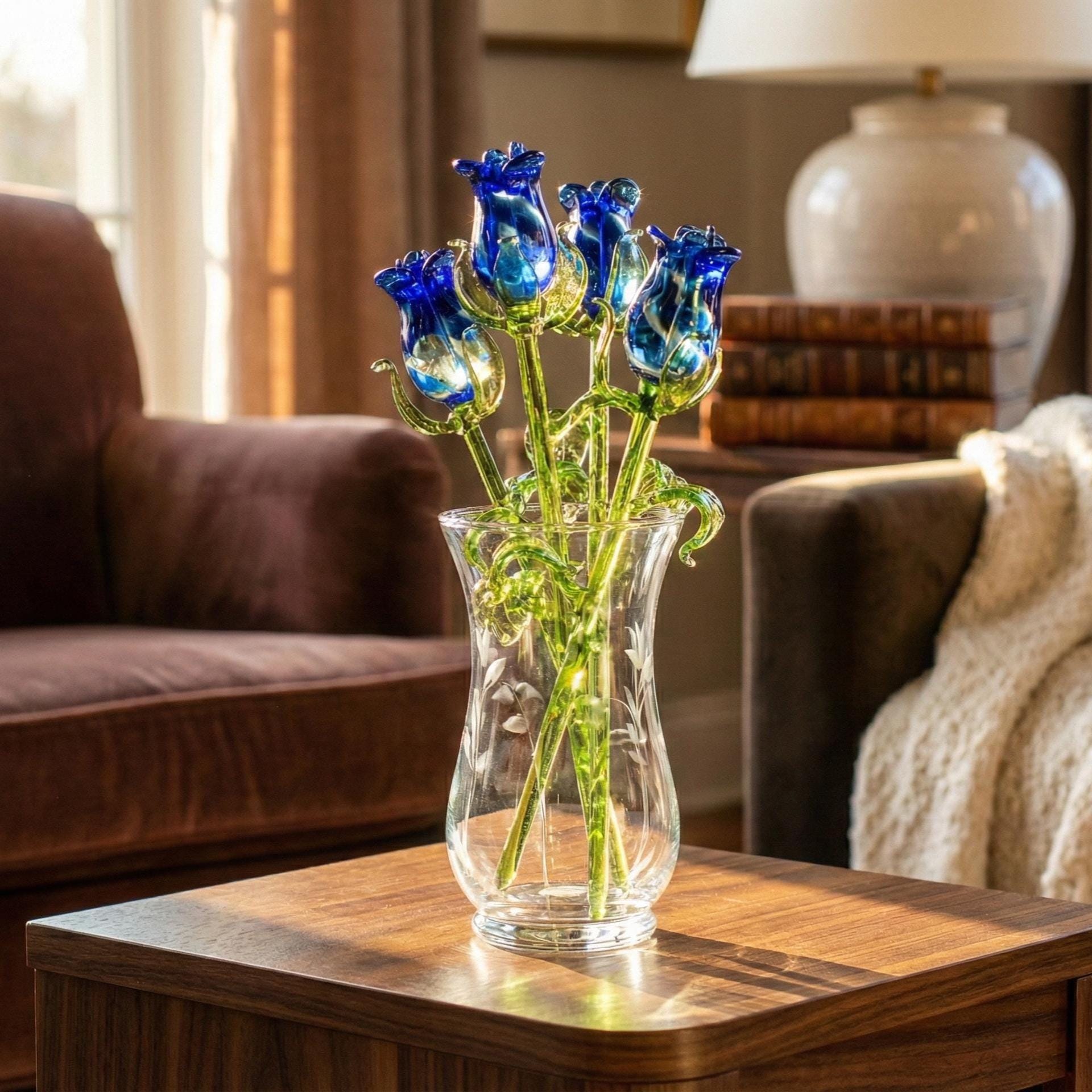 Glass Rose - Blue Glass Flowers - Glass Flower Bouquet - Hand Blown Glass Flower - Blown Glass Rose - Mothers Day Gifts for Her