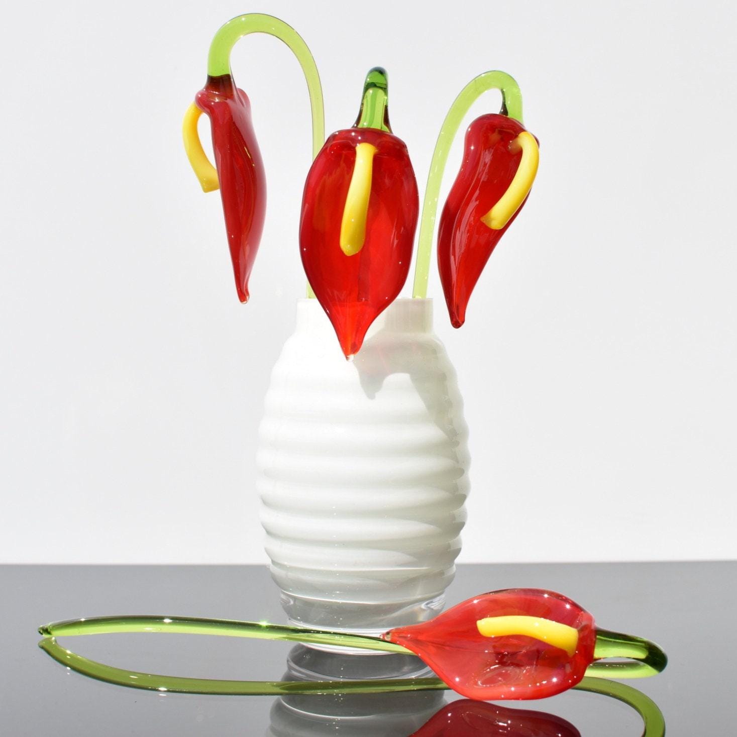Hand Blown Glass Flowers: Red & Yellow Flame-Worked Sculpture