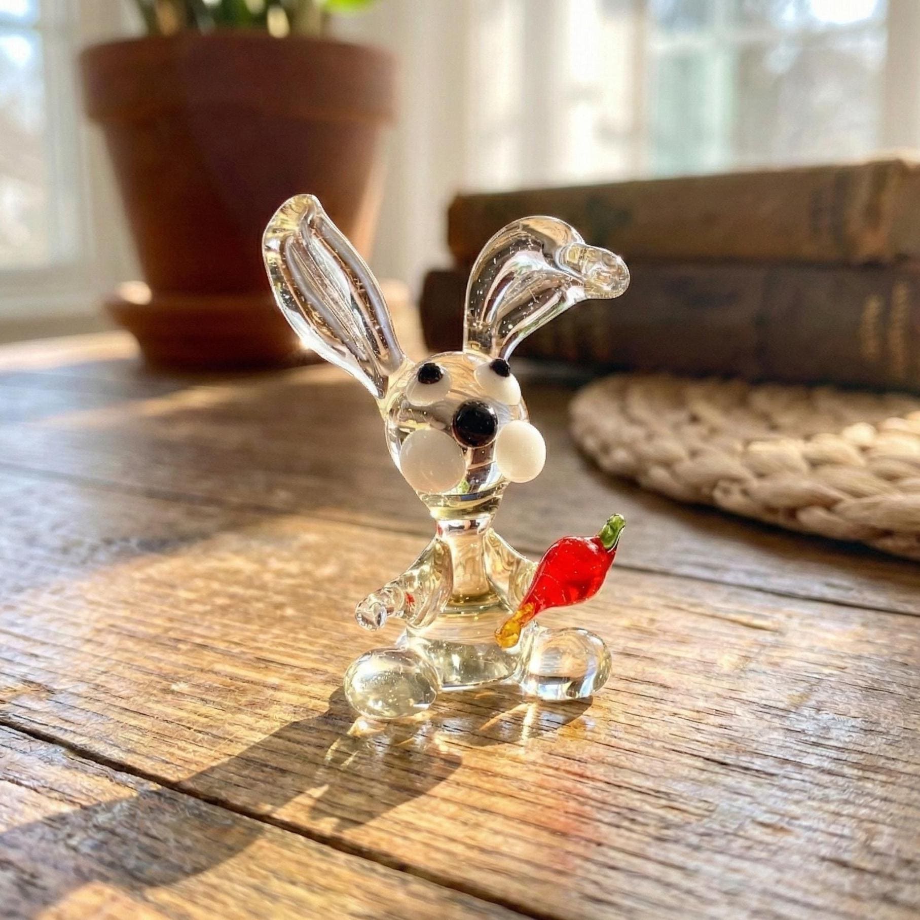 Tiny Hand Blown Glass Bunny Figurine with Carrot - Tiny Glass Animals - Easter Bunny Decor - Spring Decorations - Easter Gift
