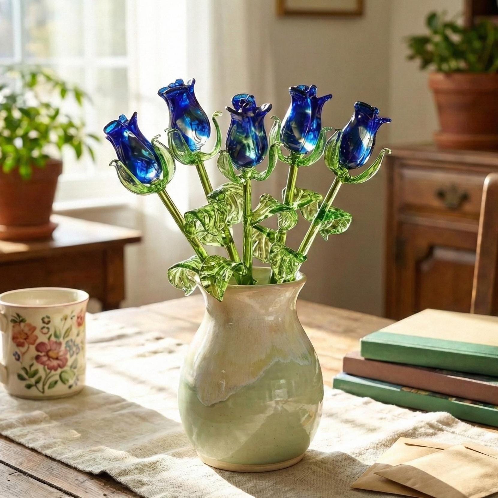Glass Rose Bouquet - Handmade Glass Flowers Rose - Blown Glass Flowers - Blue Glass Rose - Mothers Day Gifts for Ger