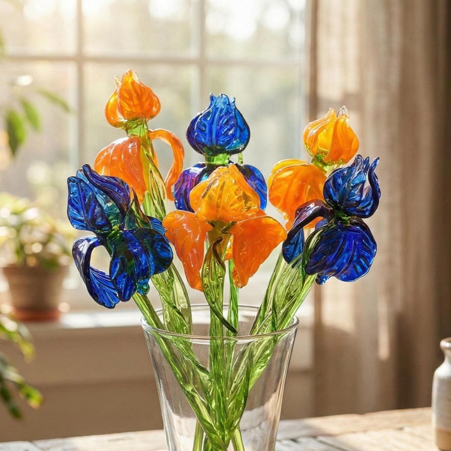 Handmade Glass Flower Bouquet of Irises: Blue & Orange Flame-Worked Flowers