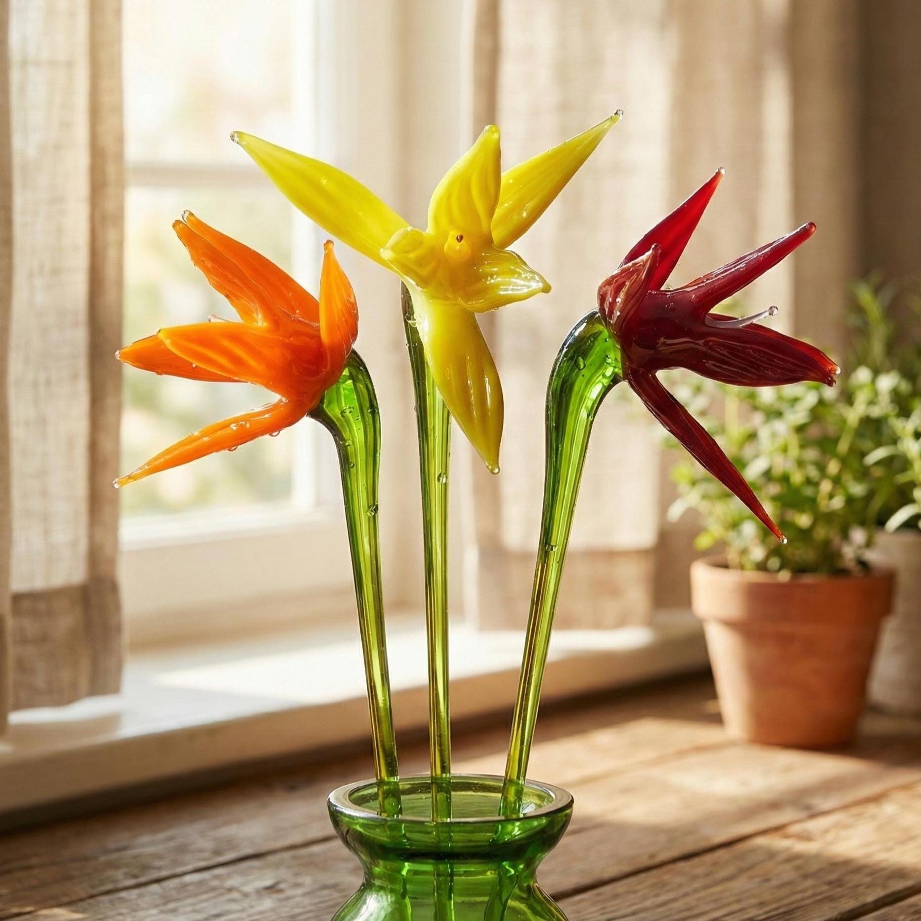 Forever Flowers, Eternal Flowers, Bird of Paradise Long Stem Glass Flowers Bouquet, Orange Birds of Paradise, Glass Birth Month Flower Gift