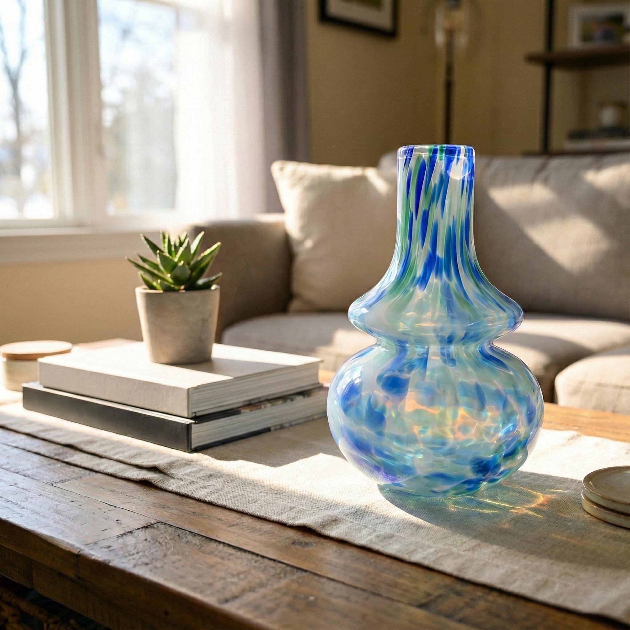 Hand Blown Blue White & Green Glass Vase