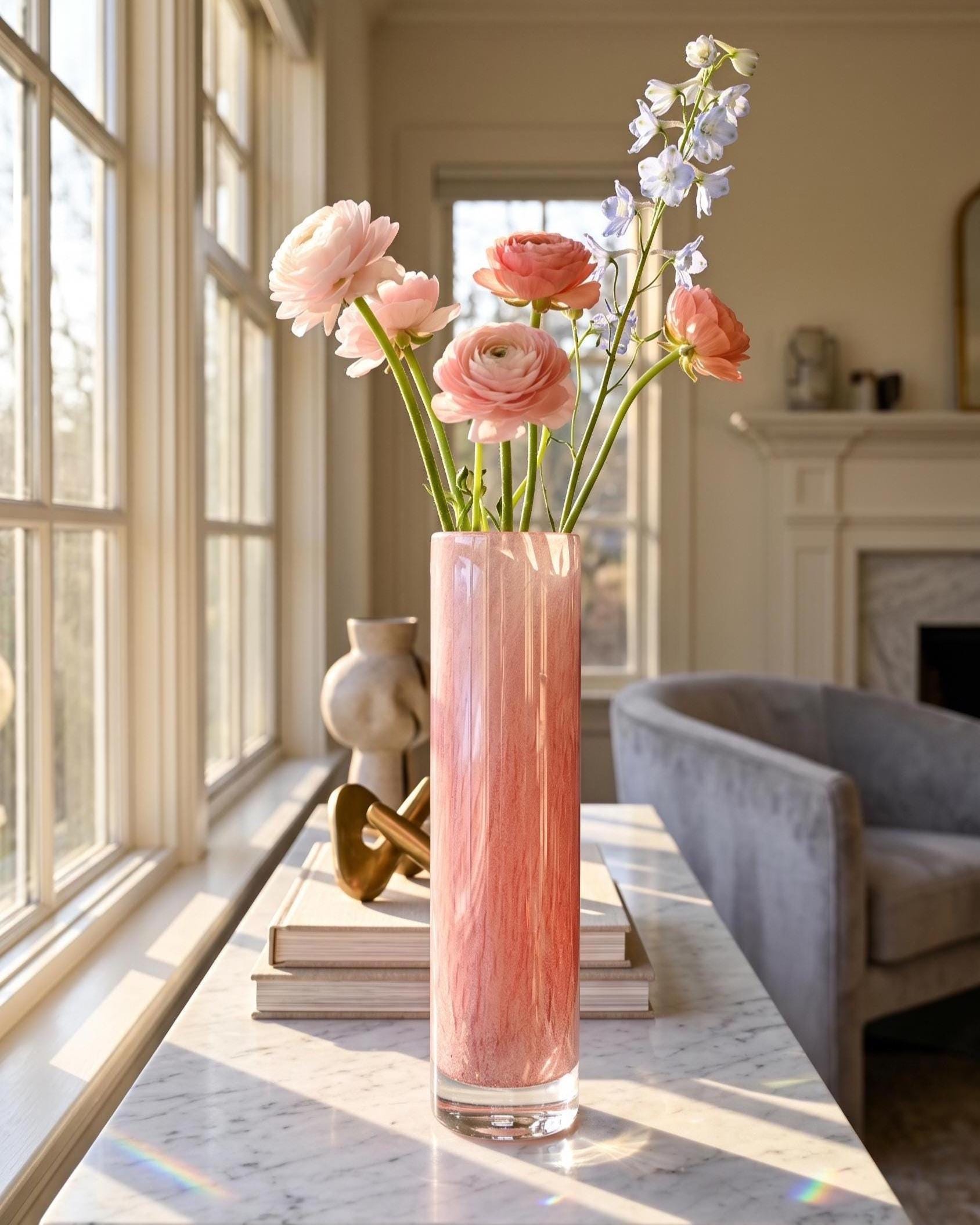 Pink Flower Vase, Pink Glass Vase, Pink Vase, Hand Blown Glass Vase, Cylinder Vase, Tall Vase, Handmade Vase, Art Glass Vase, Birthday Gift