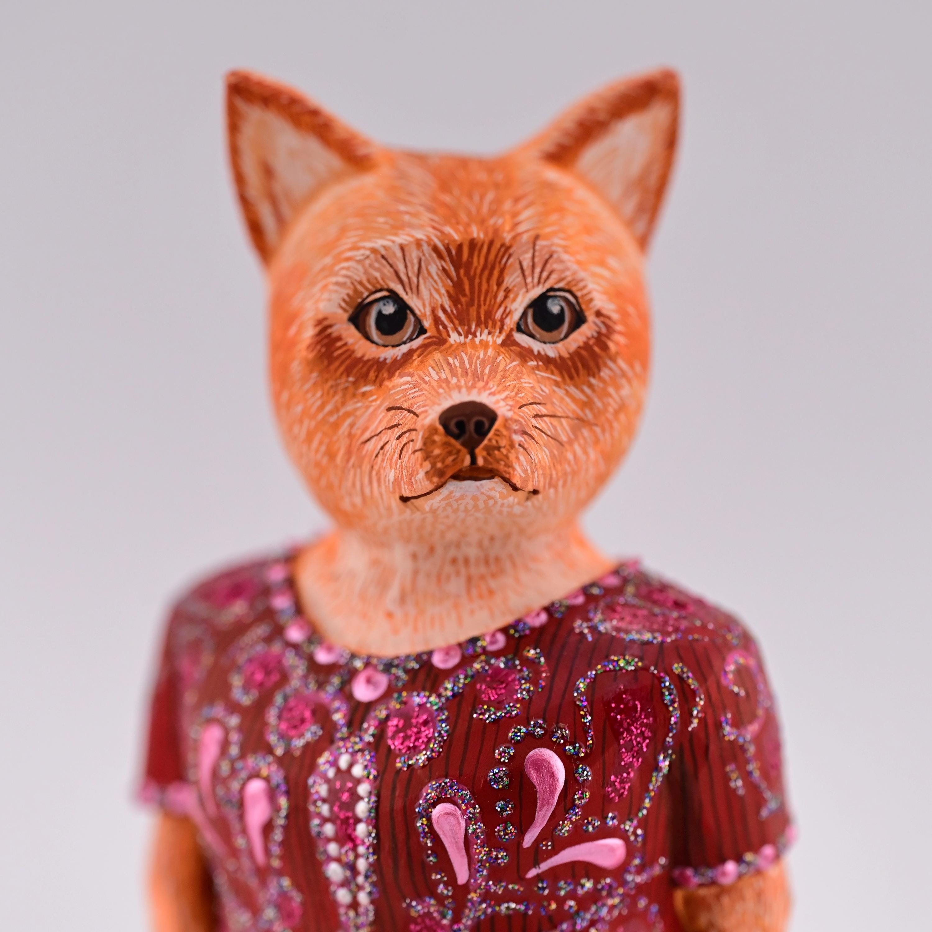 Hand Carved Wooden Fox Sculpture w Red Dress