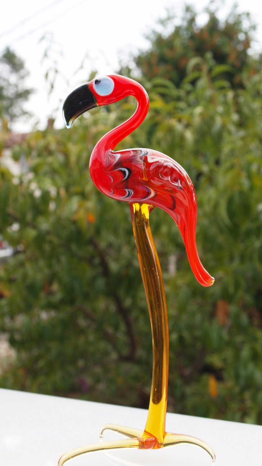 Handmade Glass Flamingo Figurine: Red-Orange Collectible Sculpture