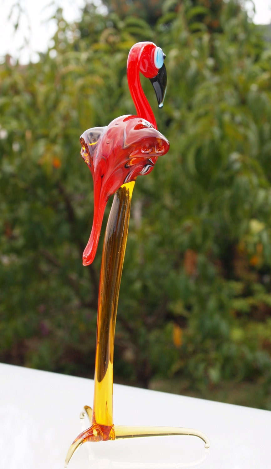 Handmade Glass Flamingo Figurine: Red-Orange Collectible Sculpture