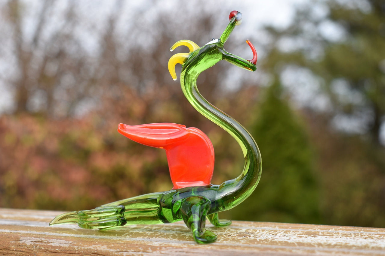 Dragon Statue, Fantasy Decor, Green Glass Dragon, Glass Sculpture, Dragon Gifts, Dragon Decor, Fantasy Art, Red Wings, Blown Glass, Art