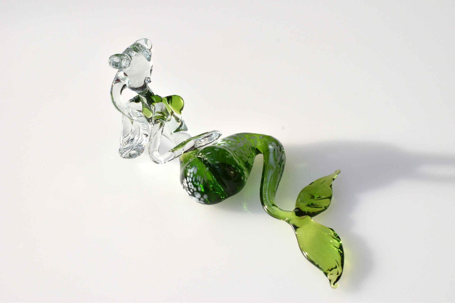 Green Glass Mermaid Figurine: Handmade Flame Work Art, 7.5"