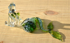 Green Glass Mermaid Figurine: Handmade Flame Work Art, 7.5"