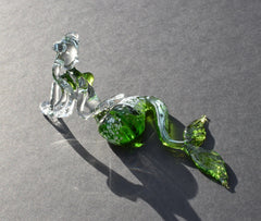 Green Glass Mermaid Figurine: Handmade Flame Work Art, 7.5"