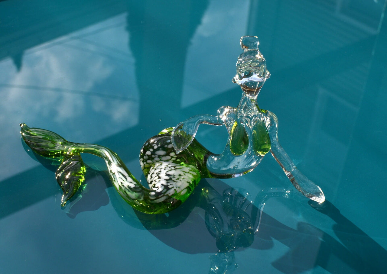 Green Glass Mermaid Figurine: Handmade Flame Work Art, 7.5"