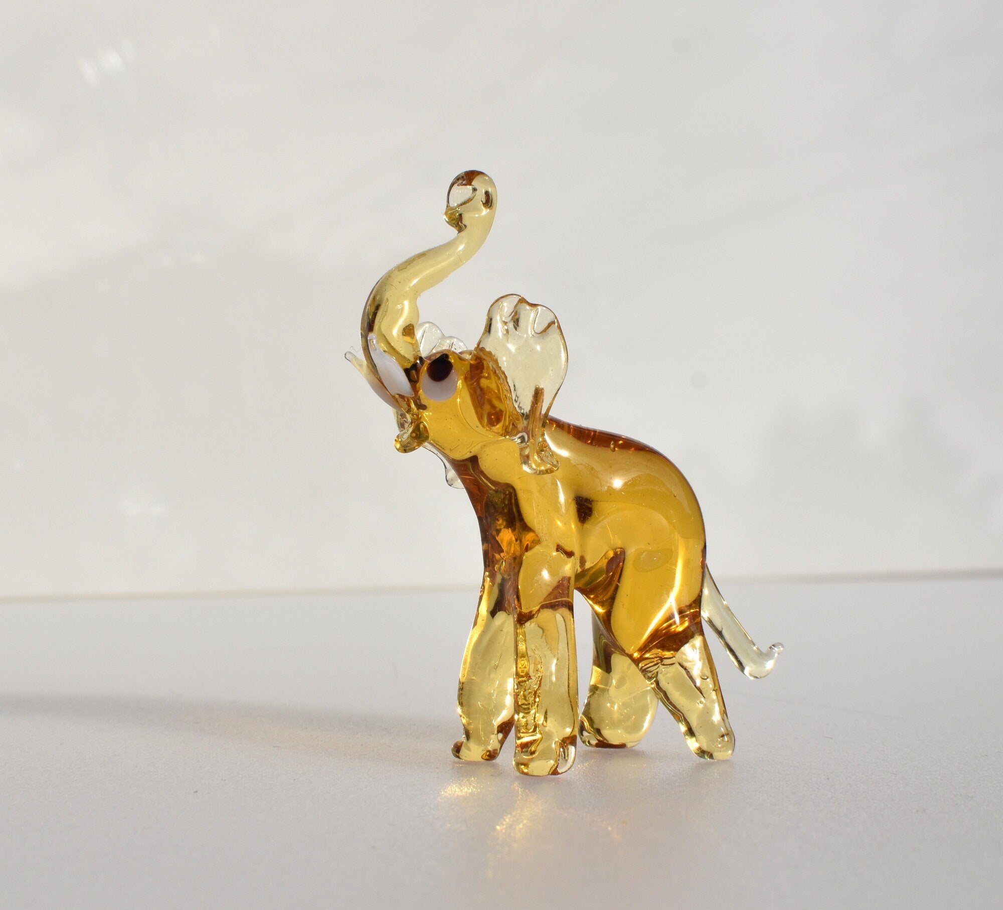 Yellow Glass Elephant Figurine – Hand Blown Animal Sculpture – Whimsical Safari Decor