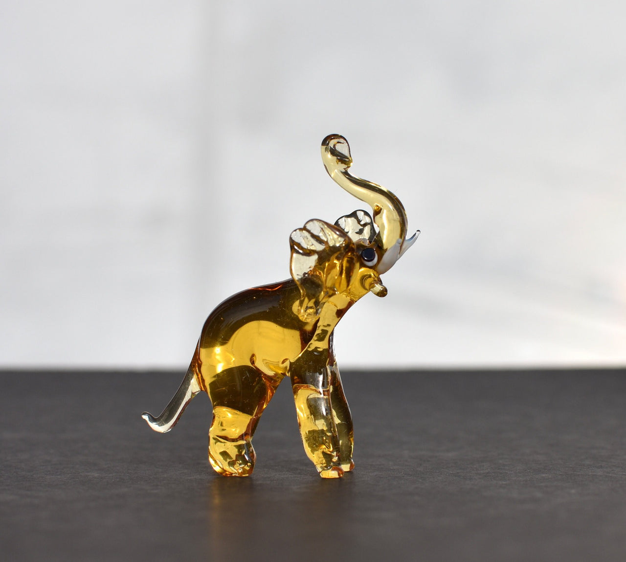 Yellow Glass Elephant Figurine – Hand Blown Animal Sculpture – Whimsical Safari Decor