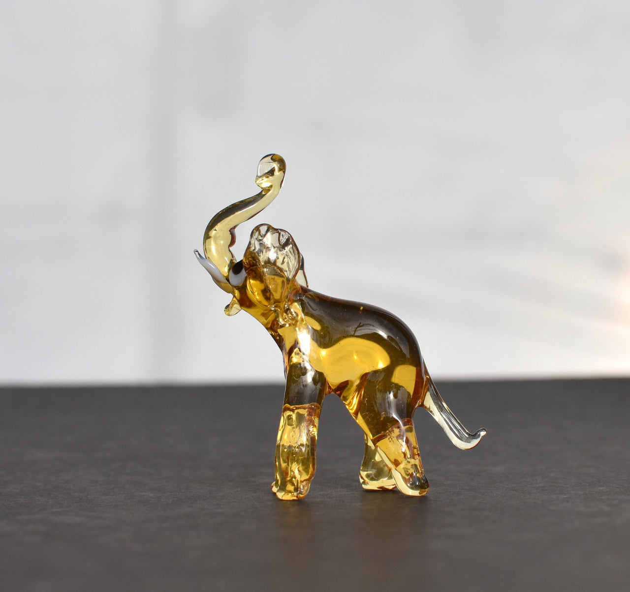 Yellow Glass Elephant Figurine – Hand Blown Animal Sculpture – Whimsical Safari Decor