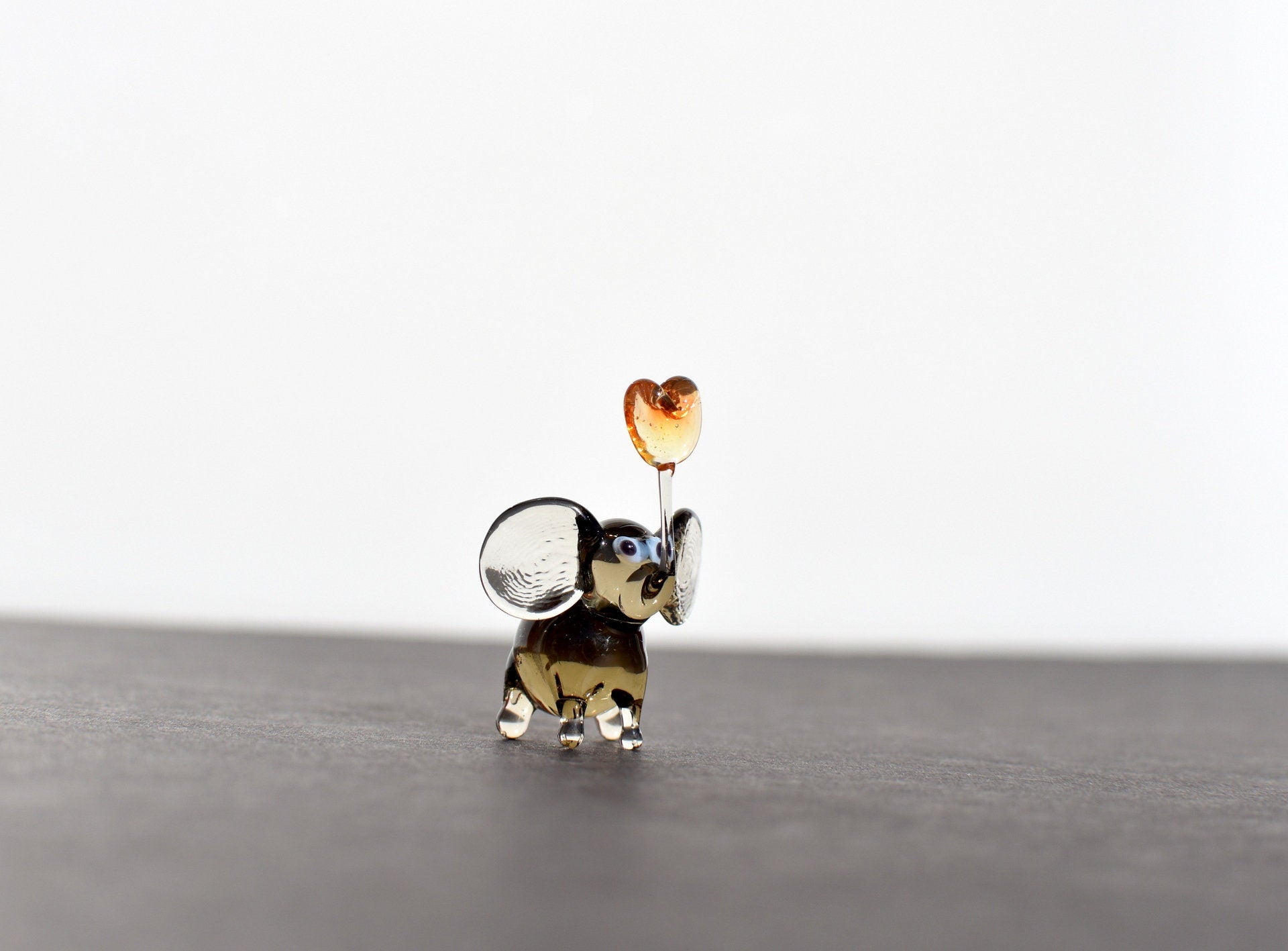Cute tiny elephant with heart, whimsical, Lamp work miniature character from Glass Menagerie, Unique gift.