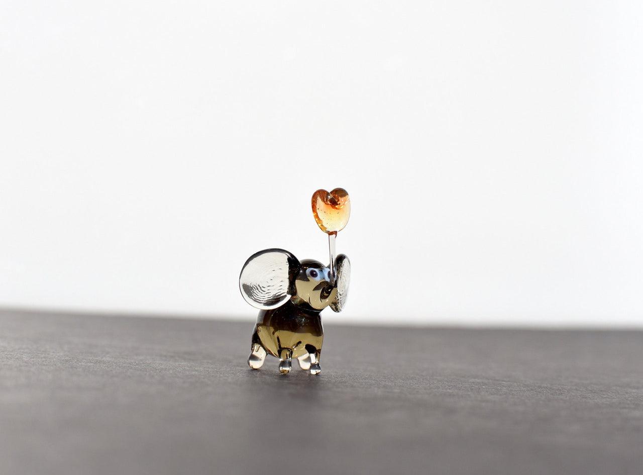 Handmade Brown Glass Elephant Figurine With Heart - Romantic Valentine’s Day Gift - Blown Glass Animal Desk Decor