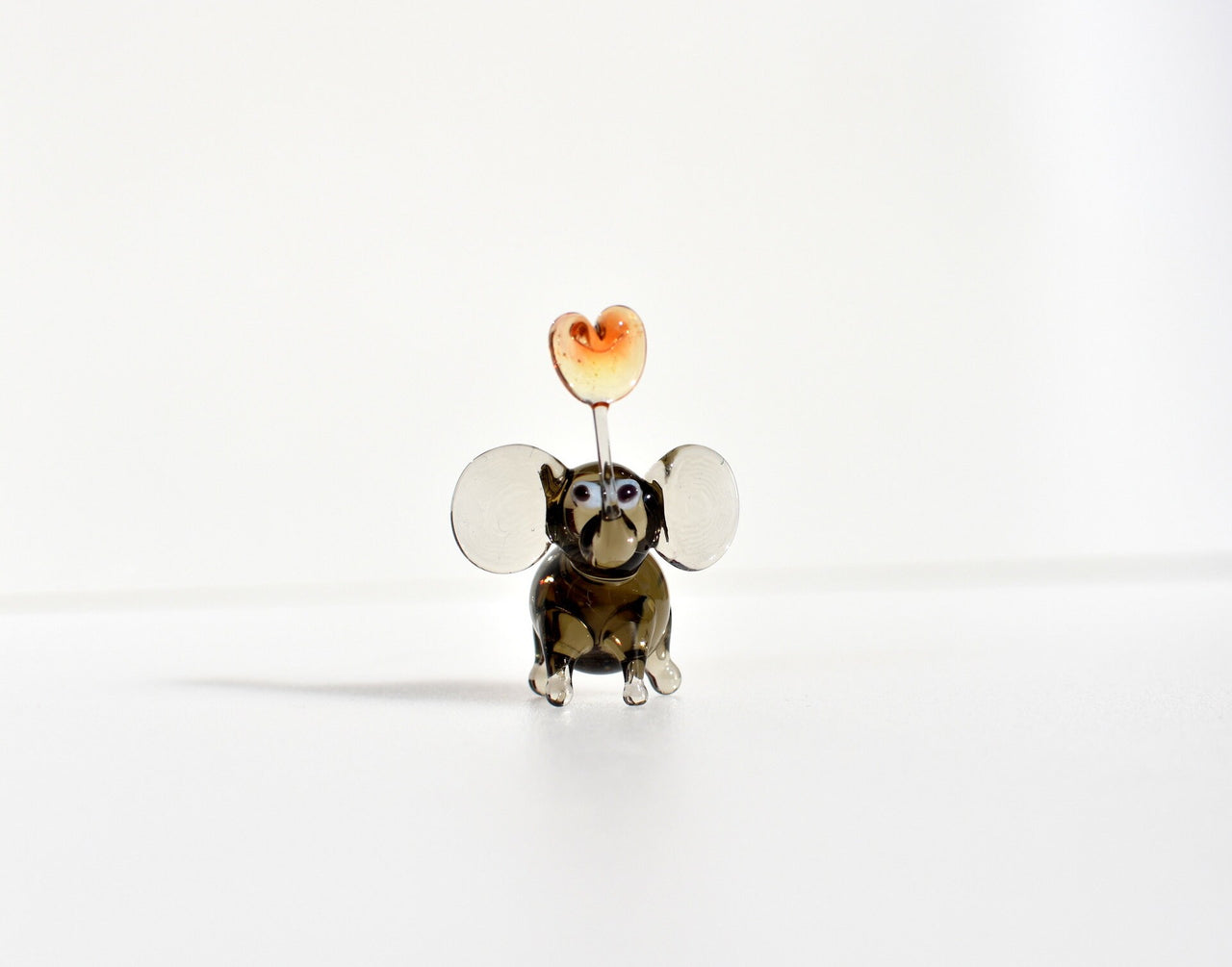 Handmade Brown Glass Elephant Figurine With Heart - Romantic Valentine’s Day Gift - Blown Glass Animal Desk Decor