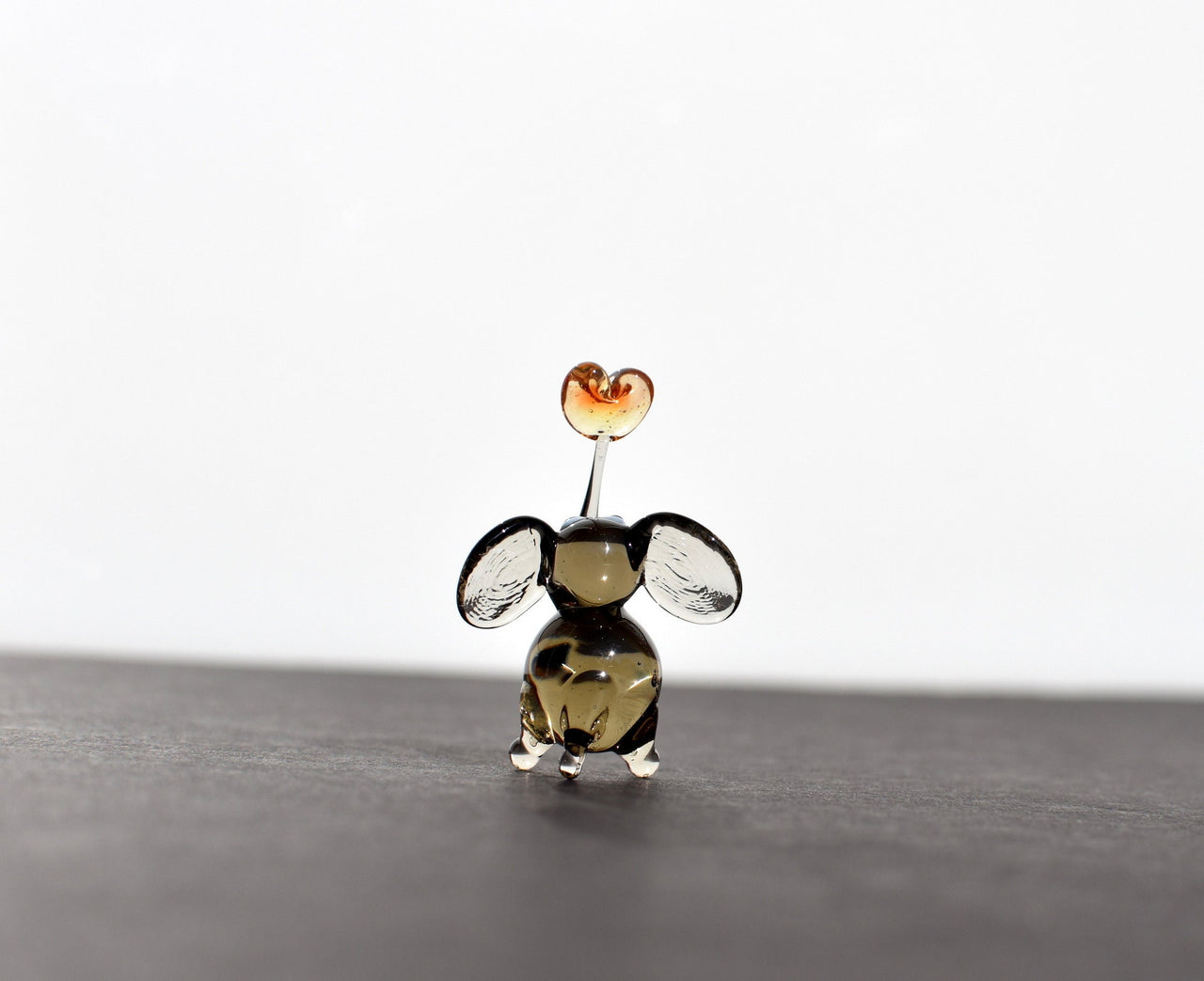 Cute tiny elephant with heart, whimsical, Lamp work miniature character from Glass Menagerie, Unique gift.