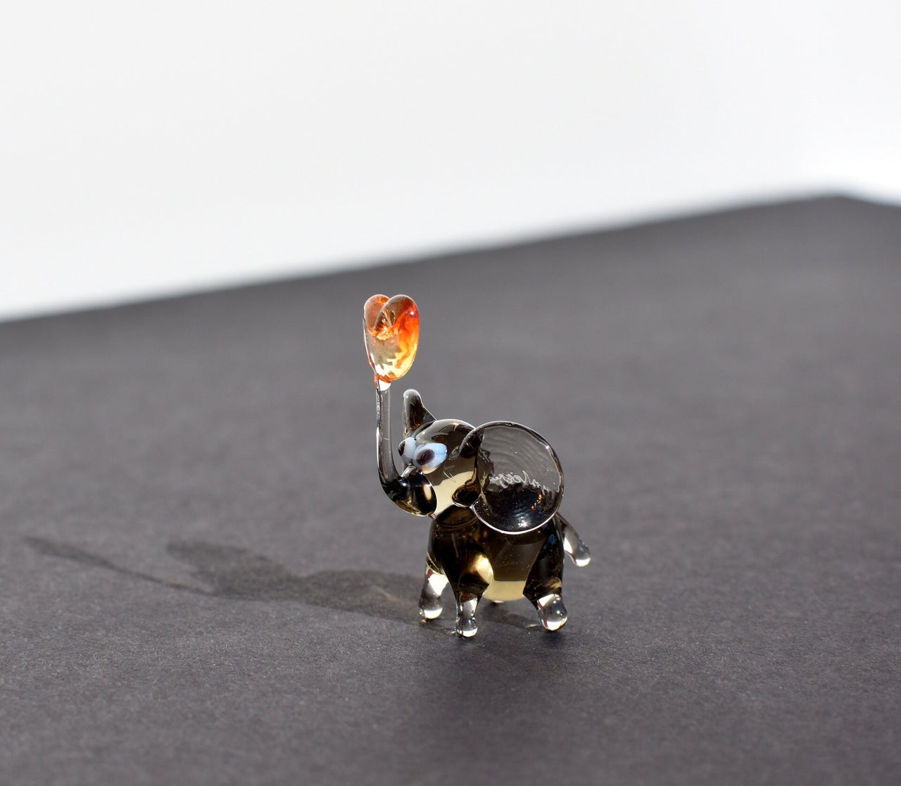 Handmade Brown Glass Elephant Figurine With Heart - Romantic Valentine’s Day Gift - Blown Glass Animal Desk Decor