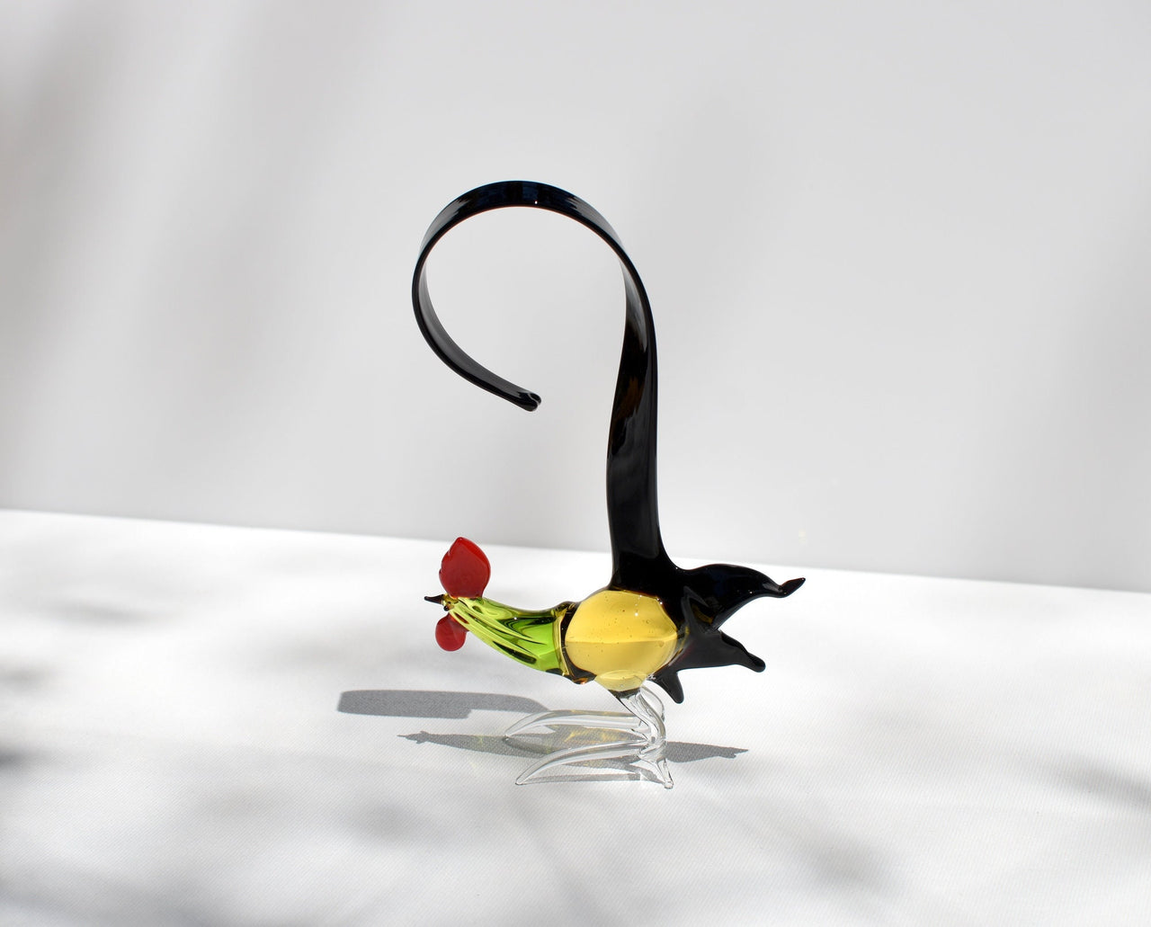 Colorful Glass Rooster Figurine: Hand-Blown Art Glass Sculpture